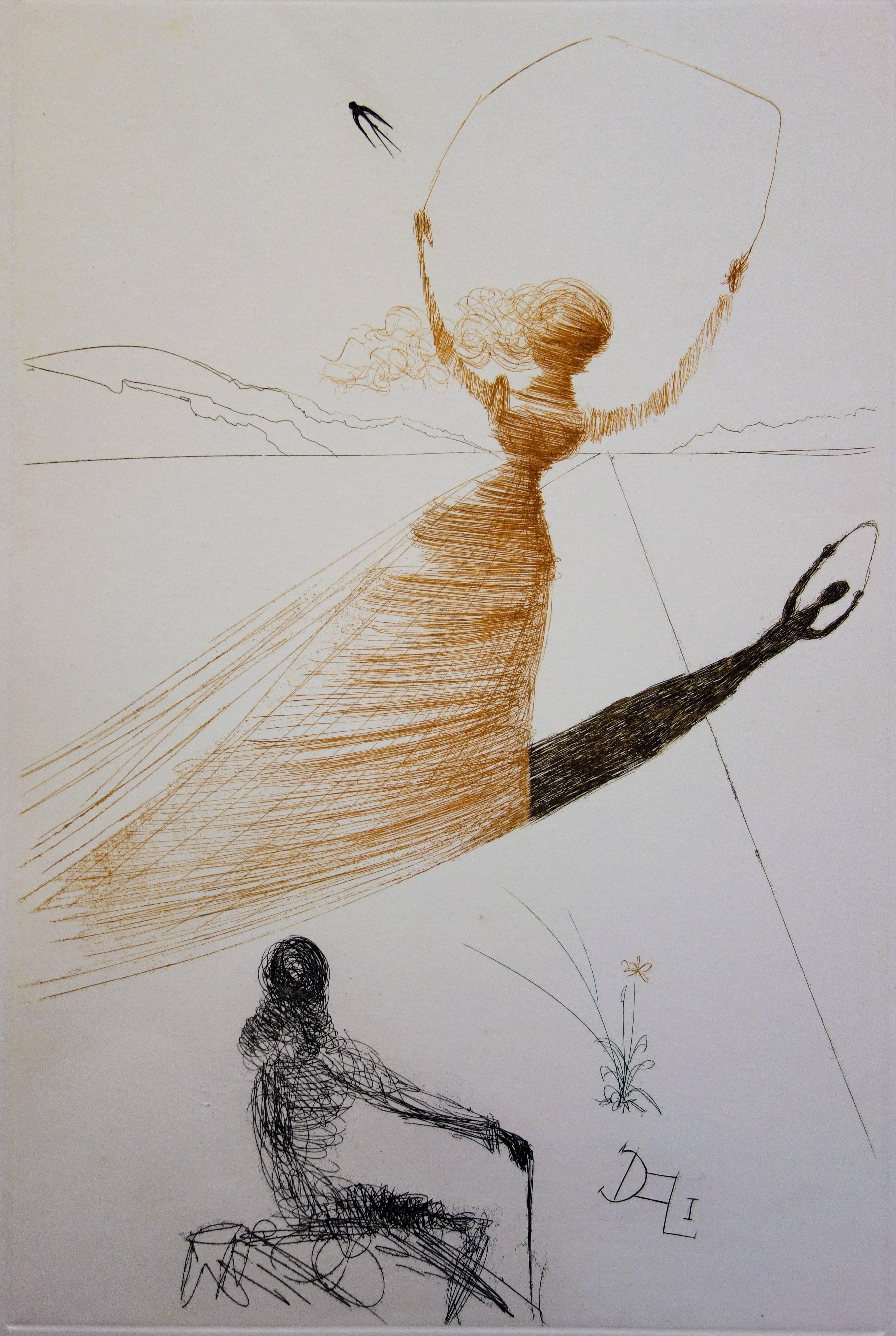 Salvador DALI
Alice in Wonderland : Alice

Original etching
Frontispice for the portfolio Alice in Wonderland, Signed in pencil on the opposite page
Also printed signature in the plate
On Mandeure vellum 43 x 58 cm (c. 17 x 23 inch) with central