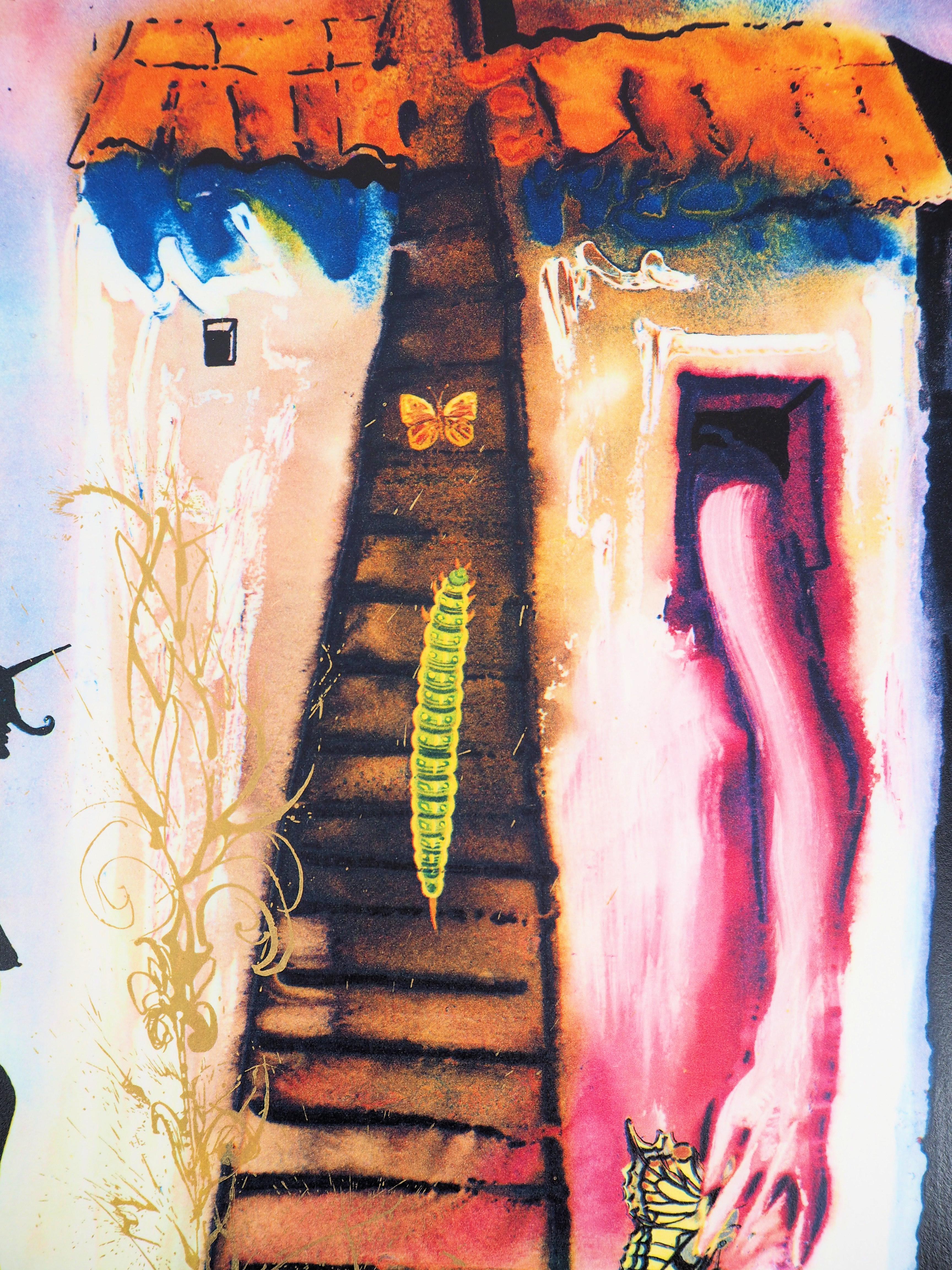 Alice nel Paese delle Meraviglie: il coniglio manda una piccola banconota - Scrittura su legno firmata a mano - Figurative Print Beige di Salvador Dalí