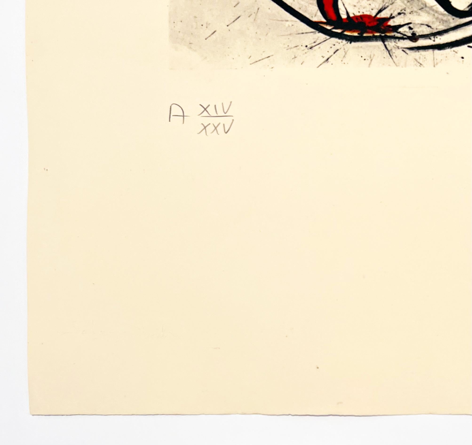 Künstler: Salvador Dali
Titel: Engel des DADA Surrealismus
Mappe: Erinnerungen an den Surrealismus
Medium: Radierung und Fotolithografie
Datum: 1971
Auflage: AP XIV/XXV (Künstlerabzug 14/25, abgesehen von der Auflage von 175)
Blattgröße: 29 3/4