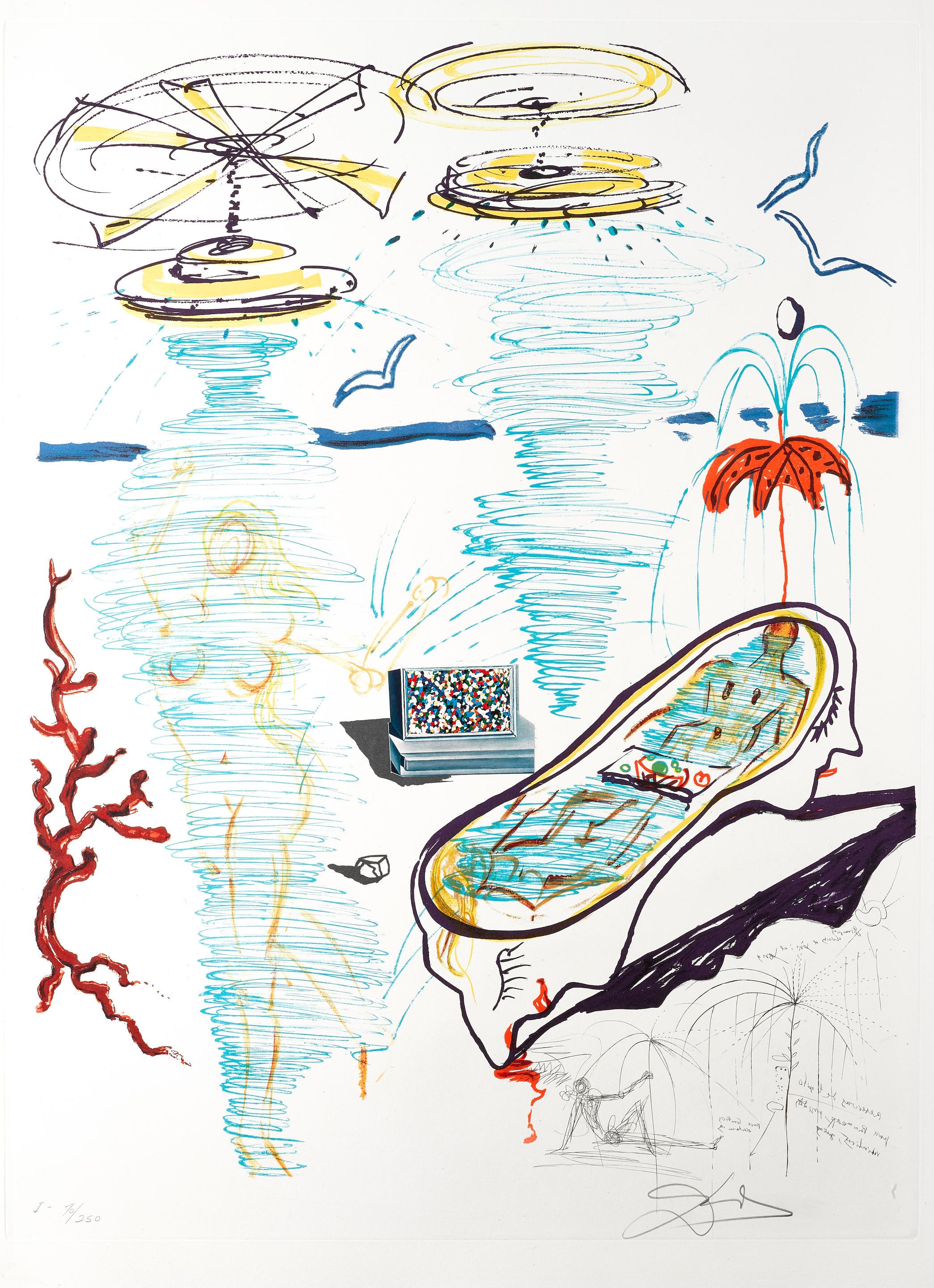 Salvador Dalí Figurative Print – Baignoire à tornade liquide (M/L 822-831; Feld 75-13)