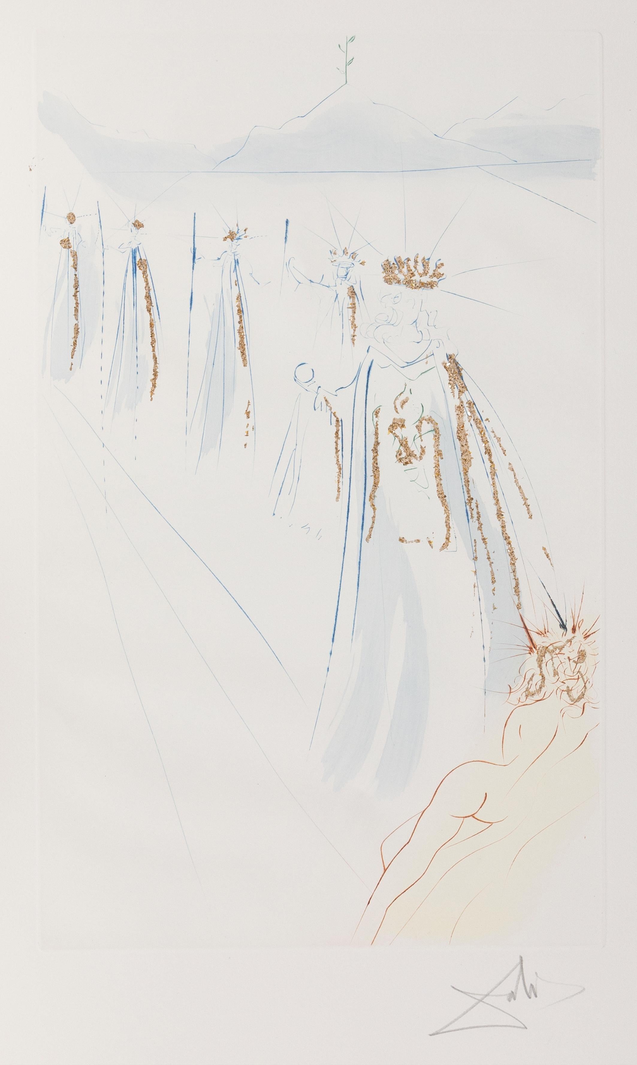 Artista: Salvador Dalí
Título: He aquí su lecho del Cantar de los Cantares del Rey Salomón de la Cartera Cantar de los Cantares de Salomón
Año: 1972
Técnica: Aguafuerte en color con polvo de oro sobre papel Arches, firmado a lápiz
Edición: