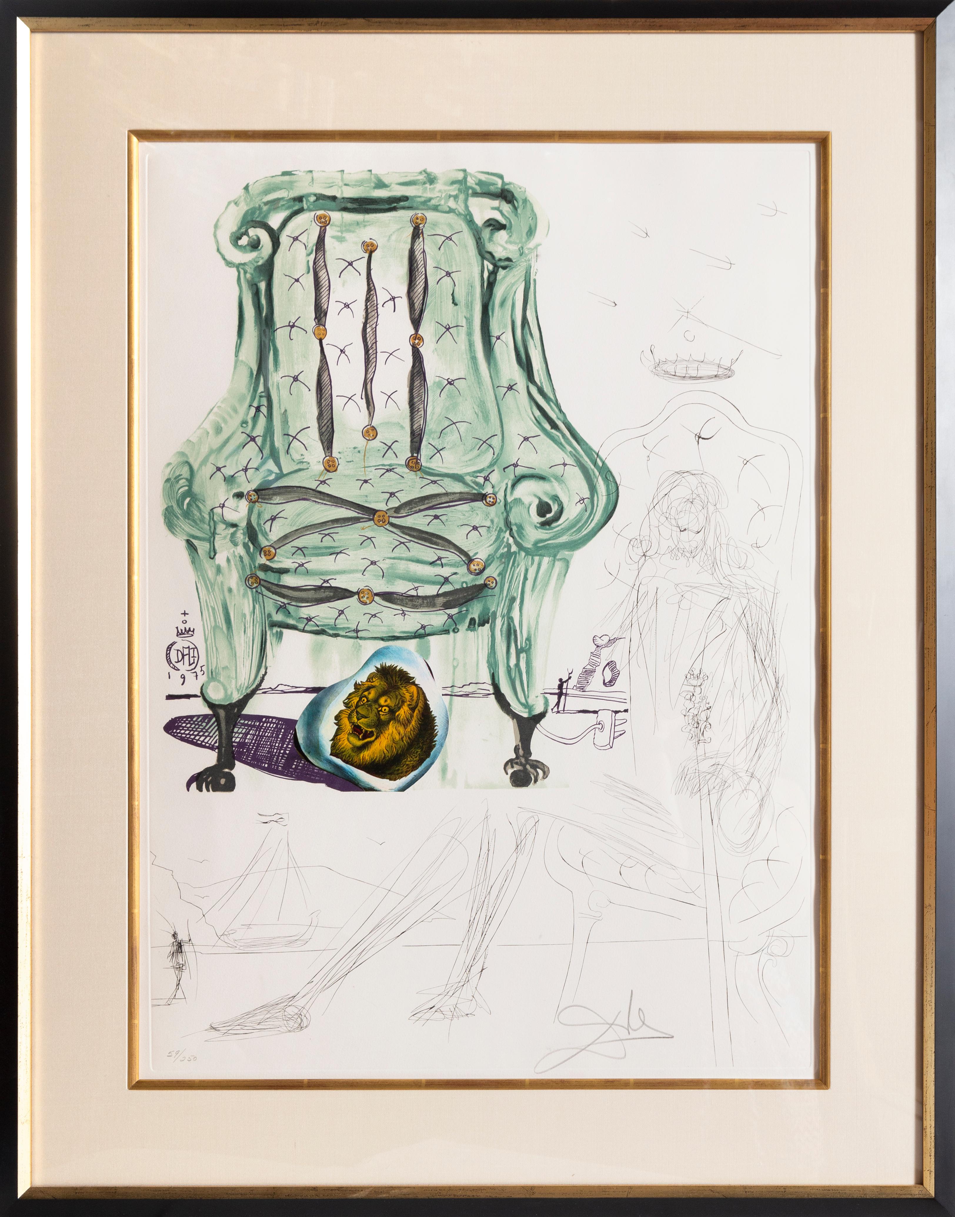 Artist:	Salvador Dali
Portfolio: Imaginations and Objects of the Future
Title:	Breathing Pneumatic Armchair
Year:	1975
Medium:	Lithograph with Collage on Arches, signed and numbered in pencil
Edition: 59/250
Paper Size:	30 x 22 inches (76 x 56 cm)