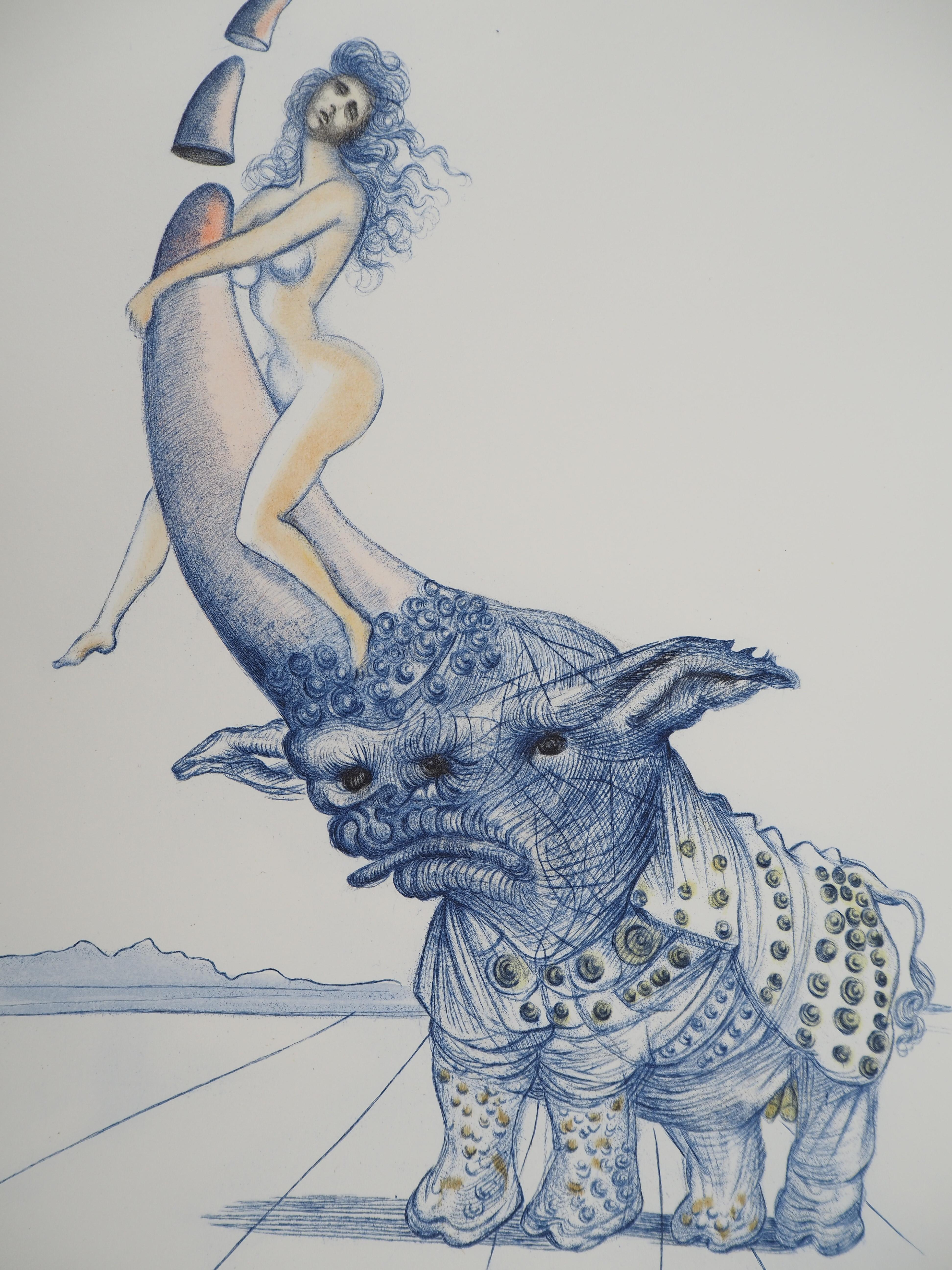 Casanova : Desnudo con Rinoceronte - Grabado original (Campo #67-4 N) - Print de Salvador Dalí