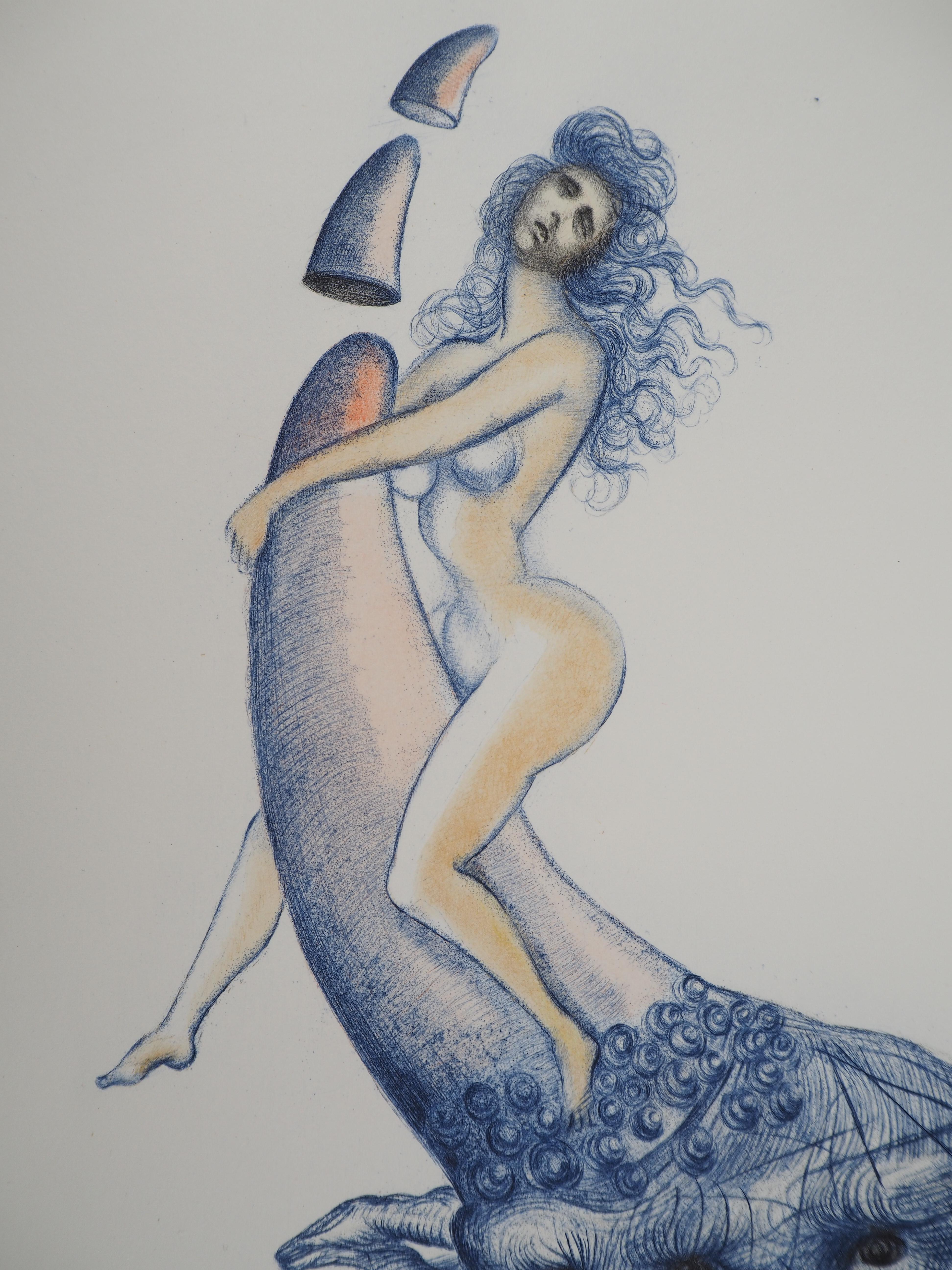 Casanova : Desnudo con Rinoceronte - Grabado original (Campo #67-4 N) - Nude Print Gris de Salvador Dalí