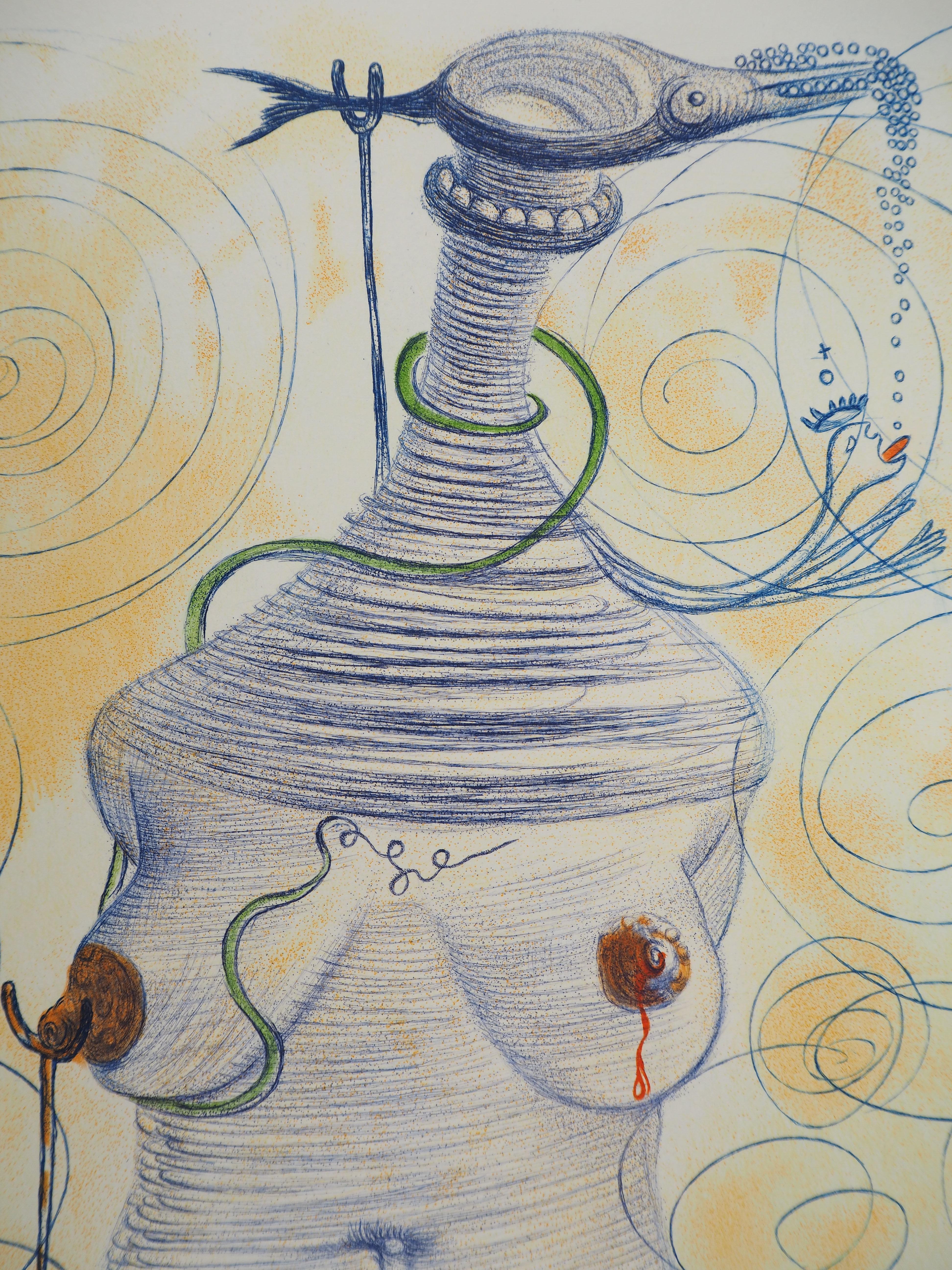 Casanova : Donna surrealista con stampella - Incisione originale (Campo #67-4 D) - Nude Print Grigio di Salvador Dalí