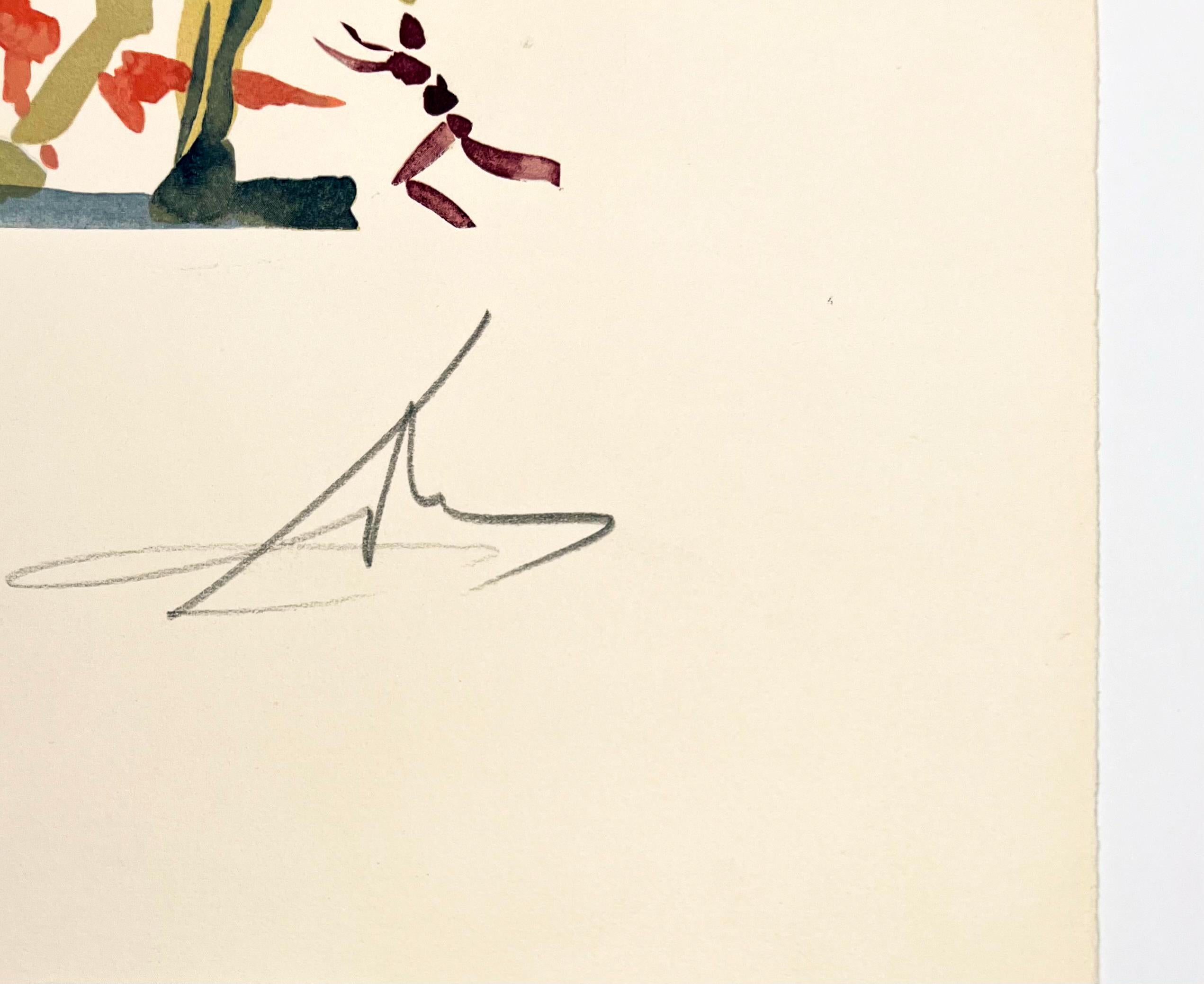 Artist: Salvador Dali
Title: C'est là que l'amour se plut à livrer bataille...
Portfolio: L'art d'aimer
Medium: Woodcut on Arches
Date: 1978
Edition: 79/144
Frame Size: 25 1/4