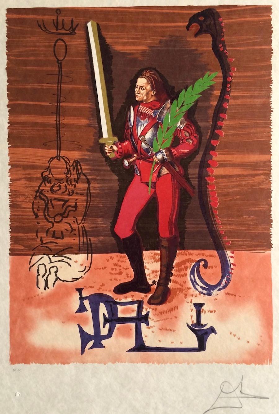 COLUMBUS DISCOVERS AMERICA (Jack of Swords) Signierte Lithographie auf japanischem Papier, rot – Print von Salvador Dalí