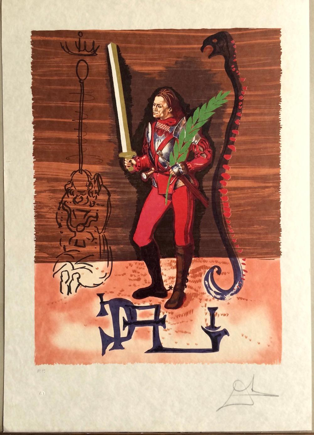 COLUMBUS DISCOVERS AMERICA(Jack of Swords) Signed Lithograph on Japon Paper, Red For Sale 1