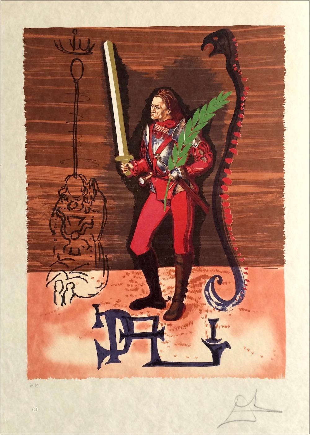 Salvador Dalí Figurative Print - COLUMBUS DISCOVERS AMERICA(Jack of Swords) Signed Lithograph on Japon Paper, Red