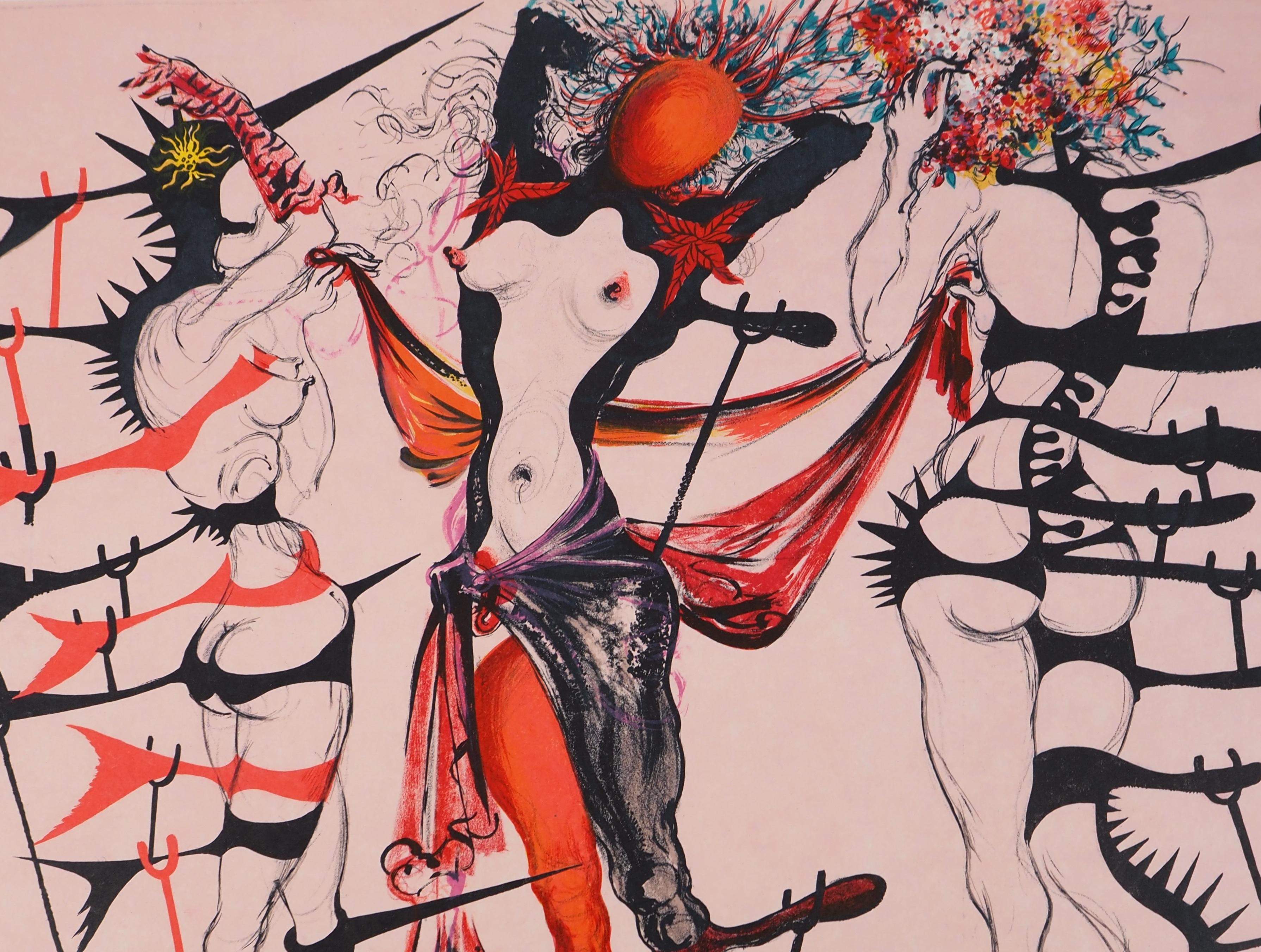 Costumi per Tristan Fou, Donne in fiore - Litografia originale firmata (Campo 70-2) - Figurative Print Beige di Salvador Dalí