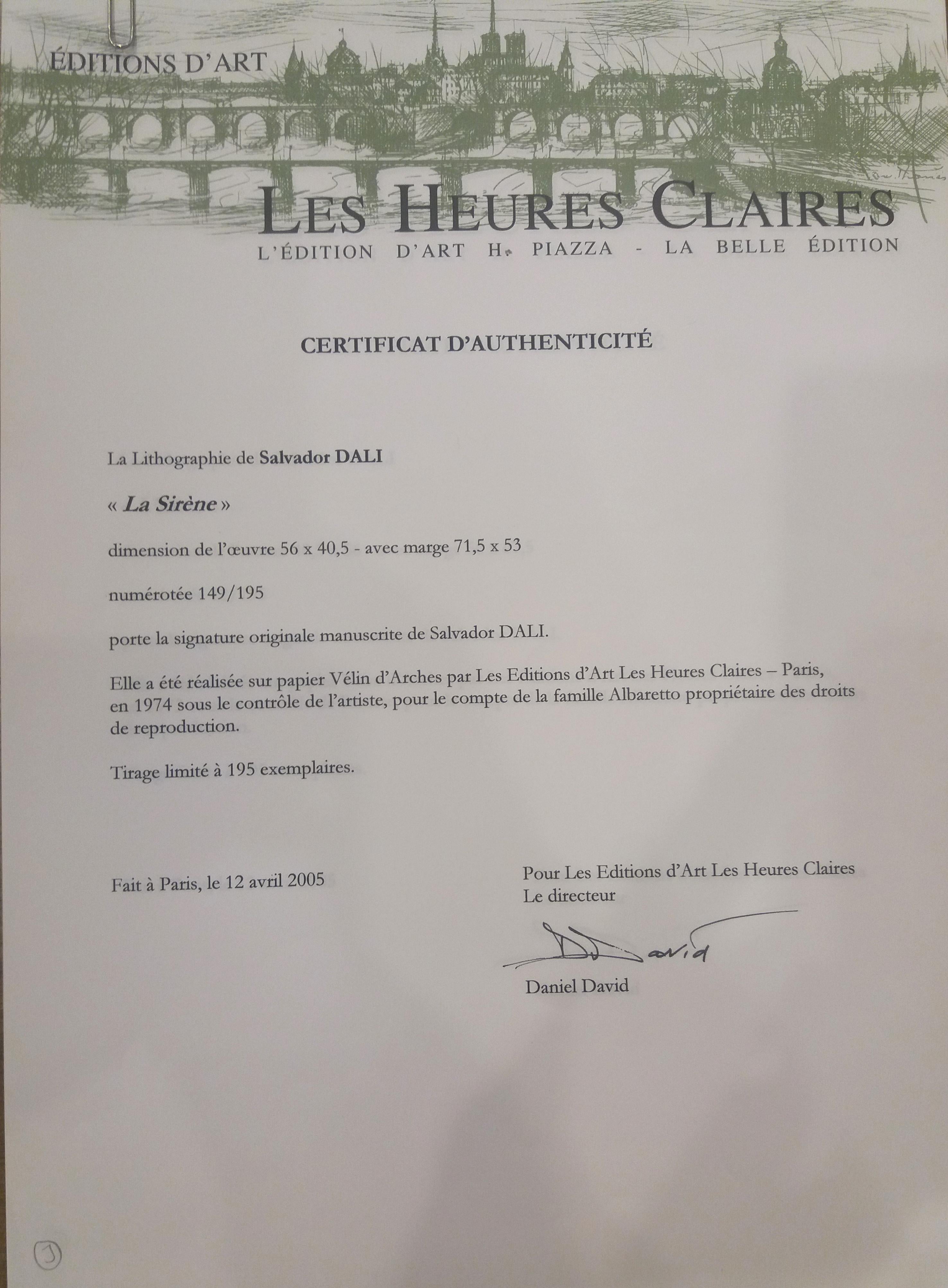 Dali   53 Vertical    La Sirene lithograph certificate painting For Sale 8