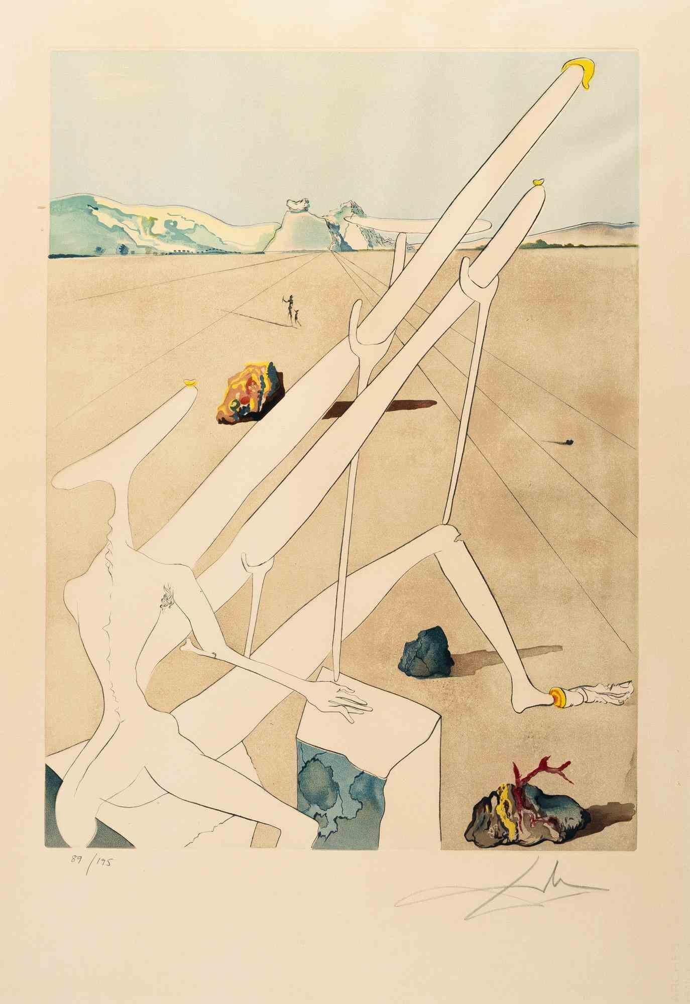 Salvador Dalí Print - Dali Martien Muni d'un Double Microscope... - Etching attr. to S. Dalì - 1974