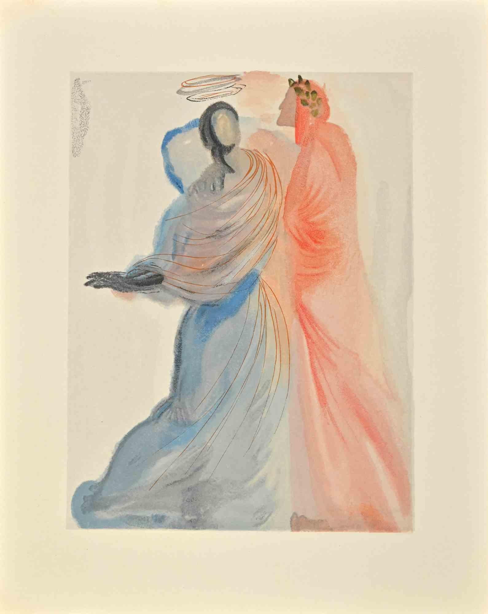 Dante and Beatrice - Woodcut Print - 1963