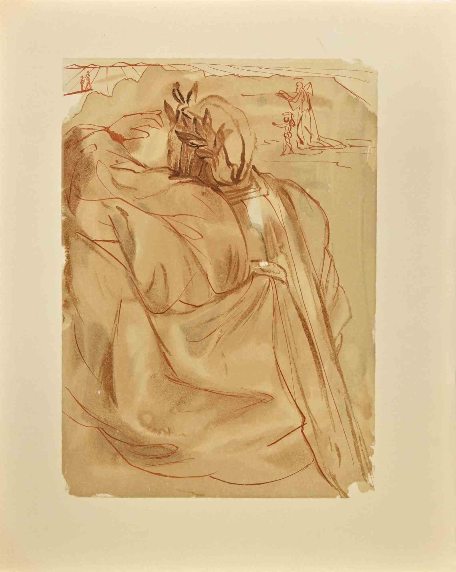 Salvador Dalí Figurative Print - Dante's Repetance  - Plate n. 30 Purgatory - WoodcutPrint - 1963