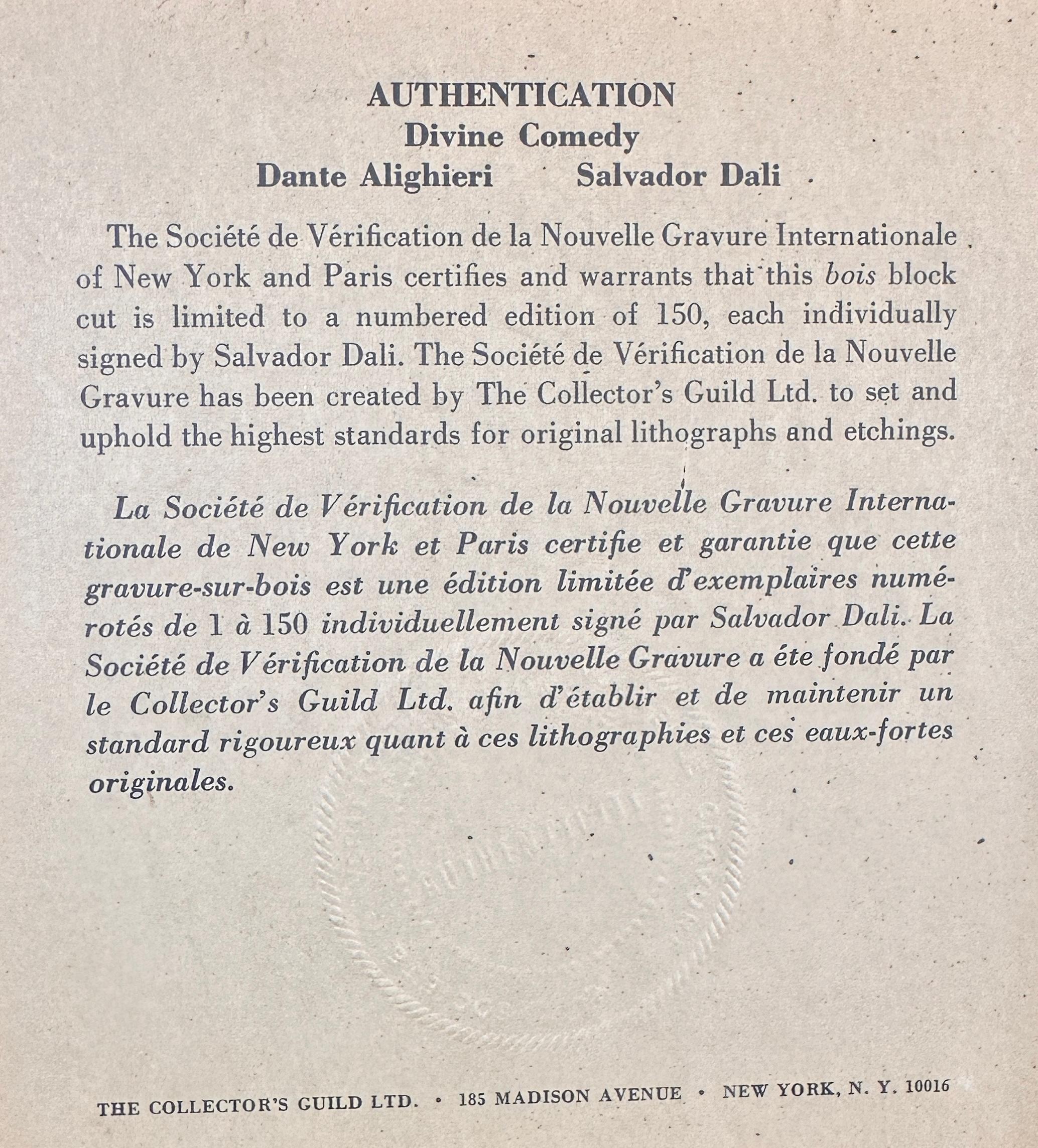 ARTIST: Salvador Dali

TITLE: Divine Comedy Purgatory Canto 28

MEDIUM: Woodblock

SIGNED: Hand Signed by Salvador Dali

EDITION NUMBER: 133/150

MEASUREMENTS: Paper: 13