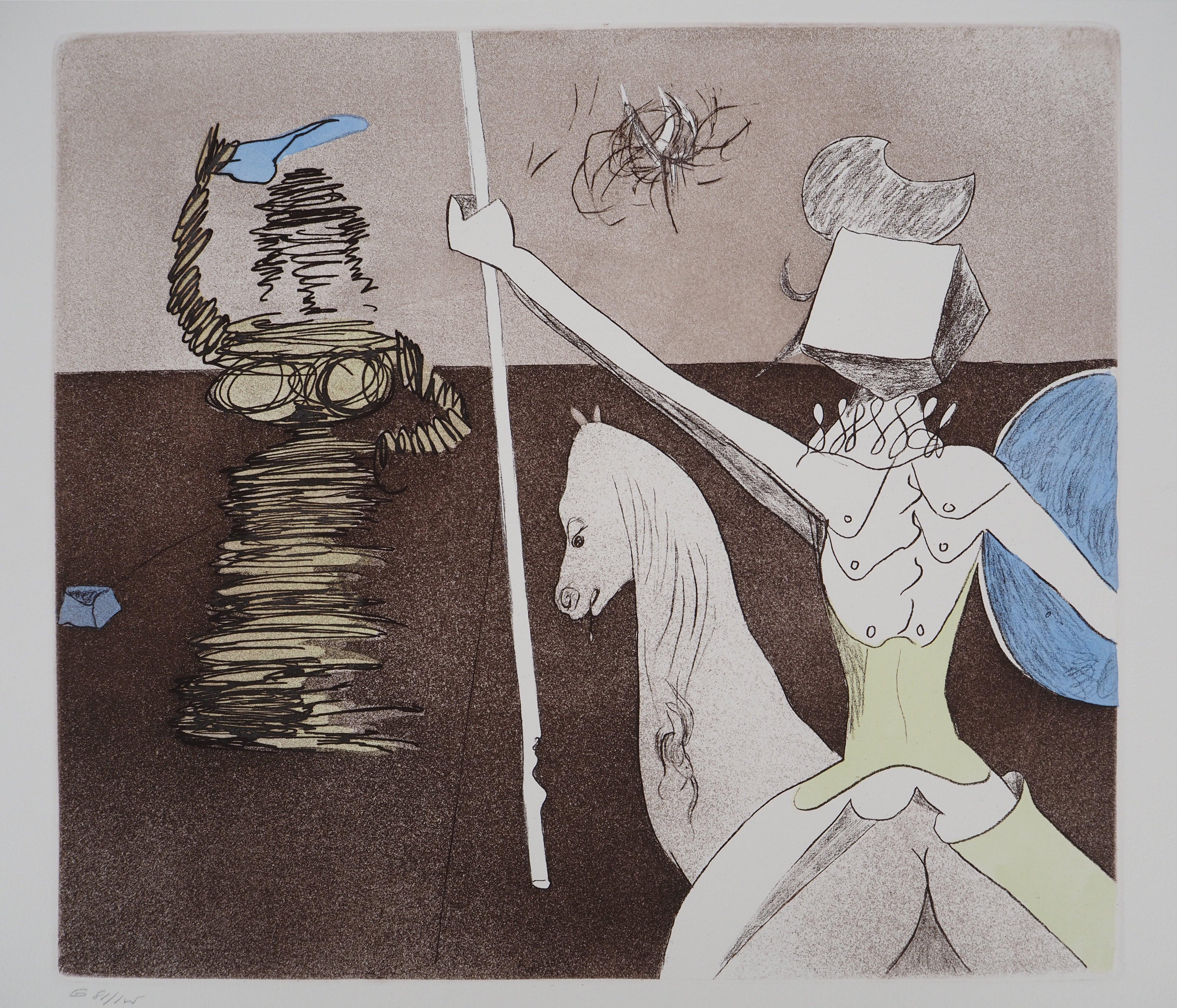 Don Quijote : la Lucha - Grabado original, Firmado a mano - Campo #80-1 L - Print de Salvador Dalí