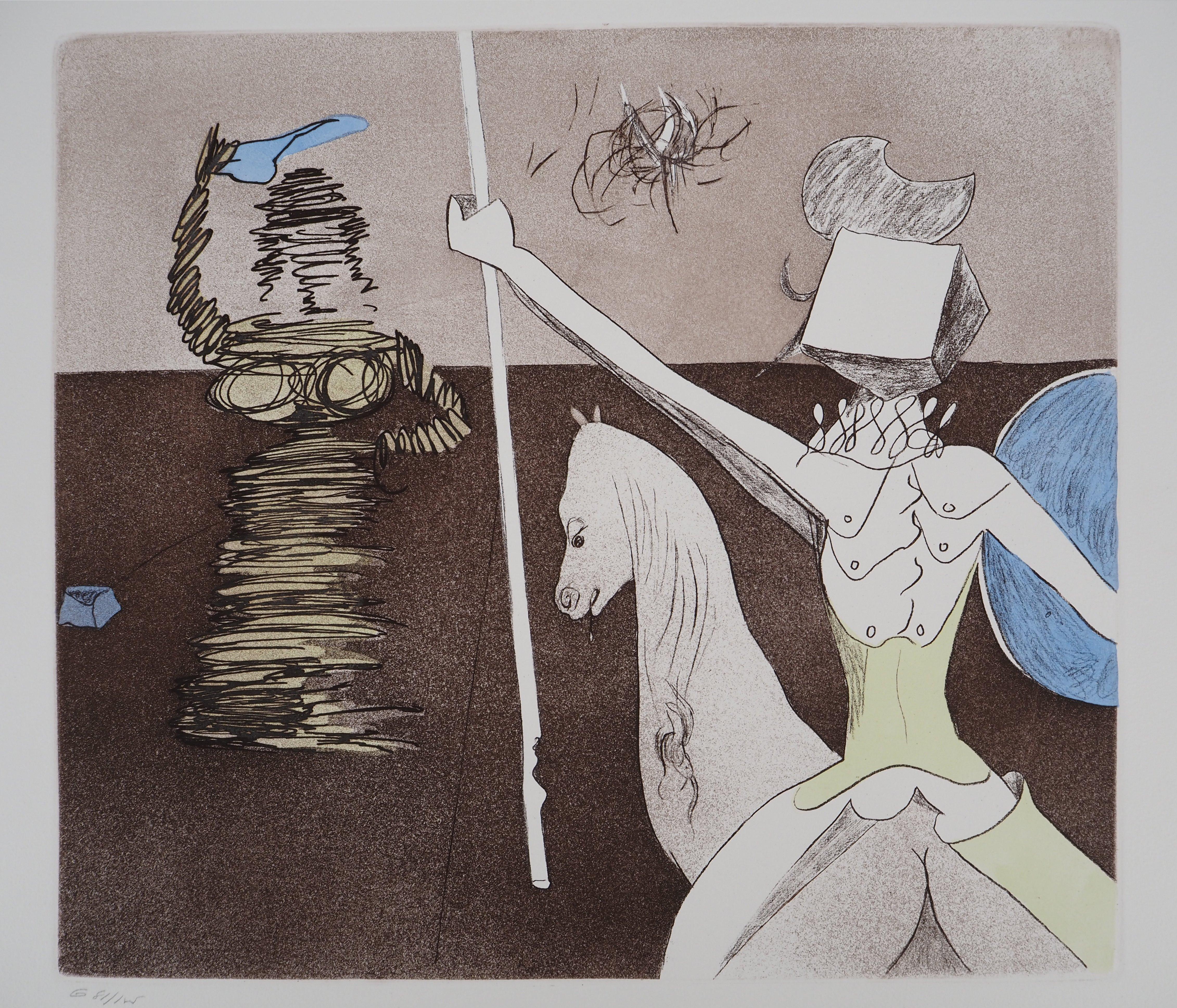 Don Quijote : Off to Battle – Original-Radierung, handsigniert (Feld #80-1L) – Print von Salvador Dalí