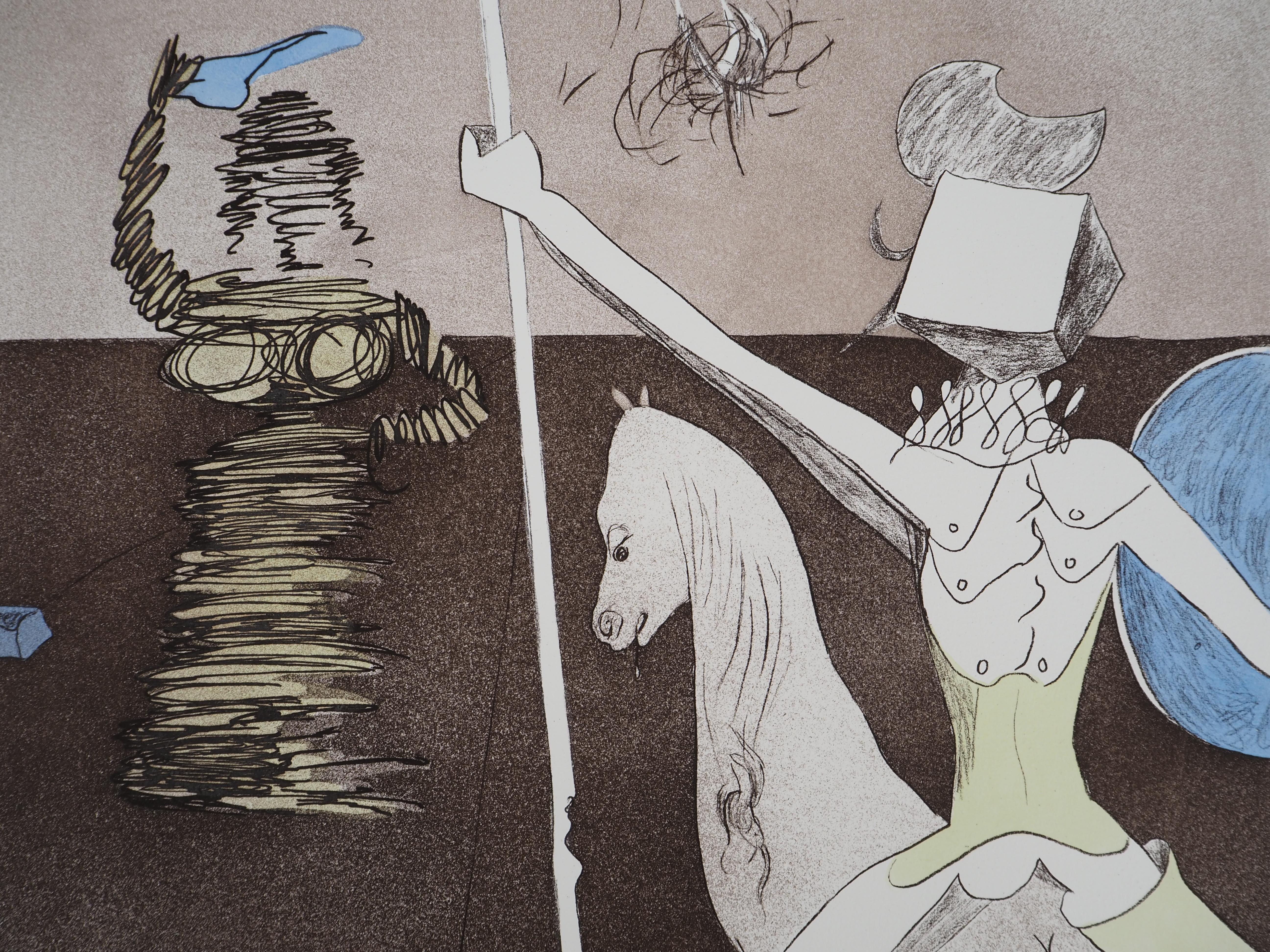 Don Quijote : Off to Battle – Original-Radierung, handsigniert (Feld #80-1L) (Grau), Portrait Print, von Salvador Dalí