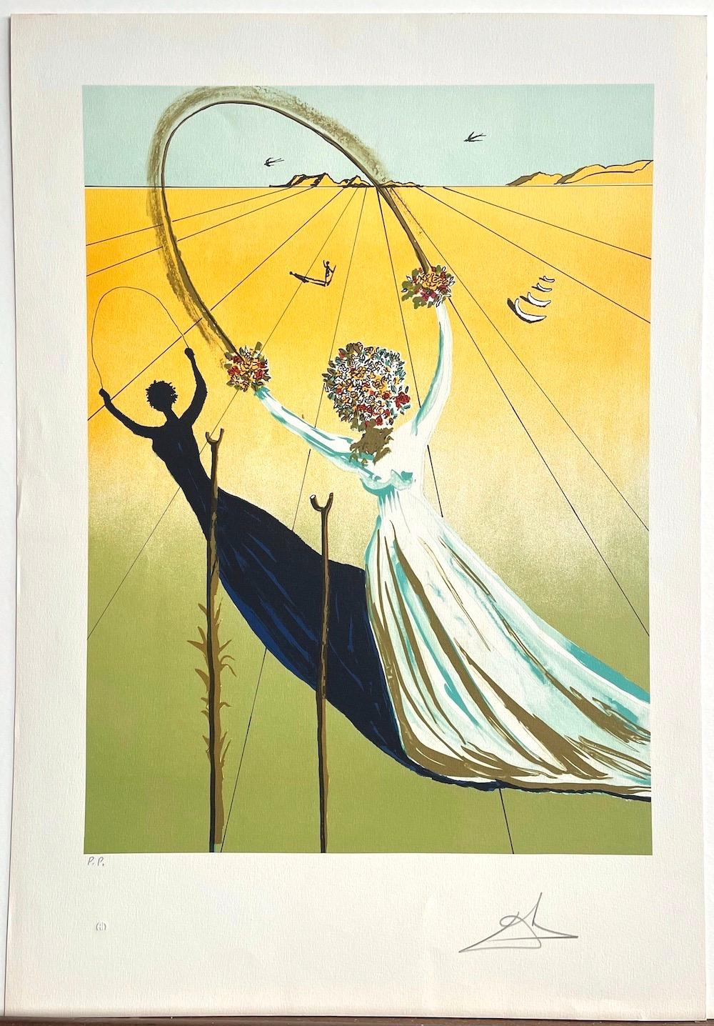 DREAM PASSAGE is a limited edition color lithograph by the Modern master Salvador Dali, printed using hand lithography techniques on archival Arches printmaking paper, 100% acid free. DREAM PASSAGE portrays a surreal portrait of a female figure