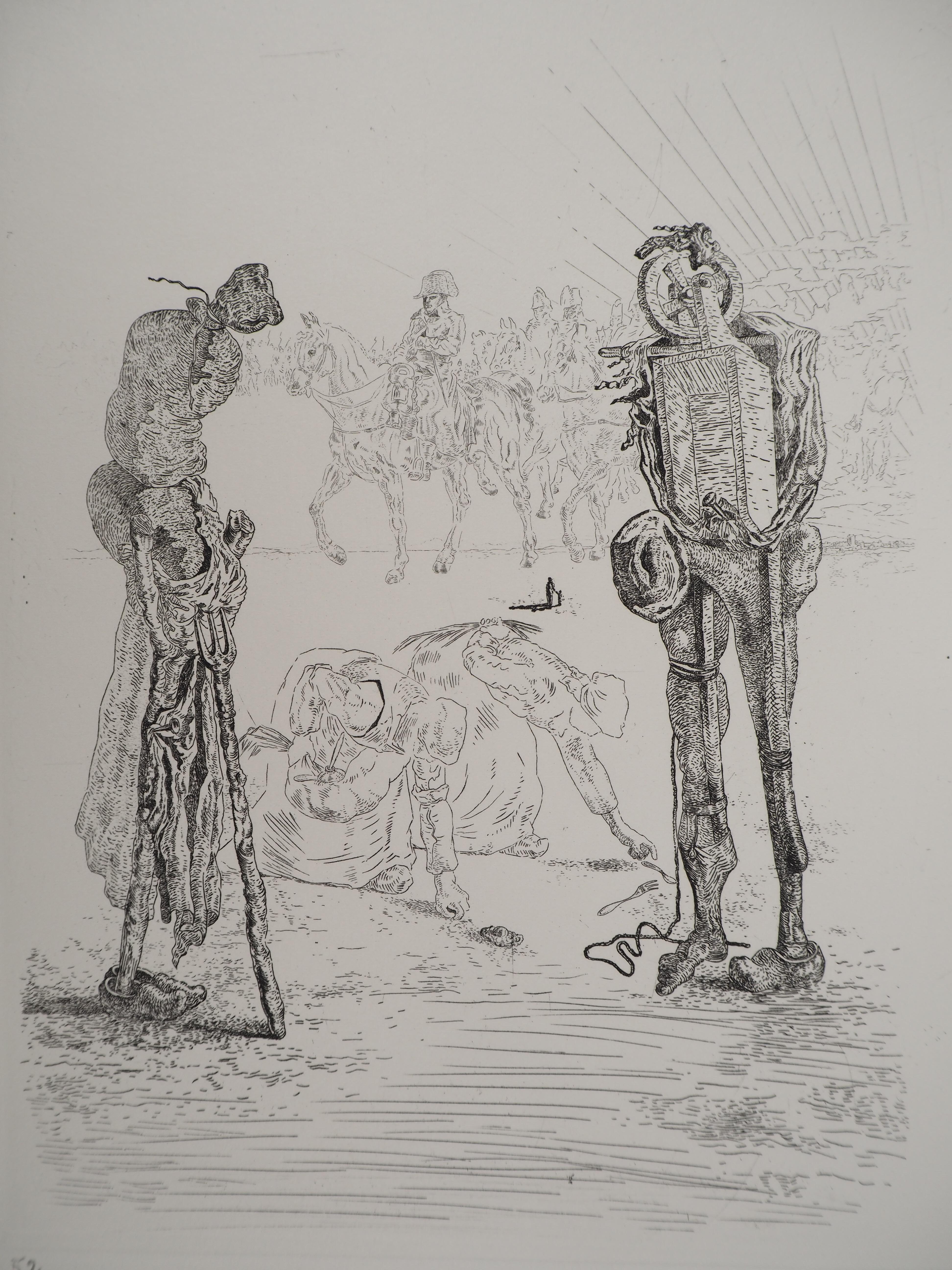 Salvador Dali
Napoleonic troops passing through, 1975

Original etching 
Signed in pencil 
Limited to 100 copies (Here numbered 52)
On Arches vellum  32.5 x 25 cm (c. 12.7 x 9.8 in)

REFERENCES :
- Catalog raisonne Field #34-2
- Catalog raisonne