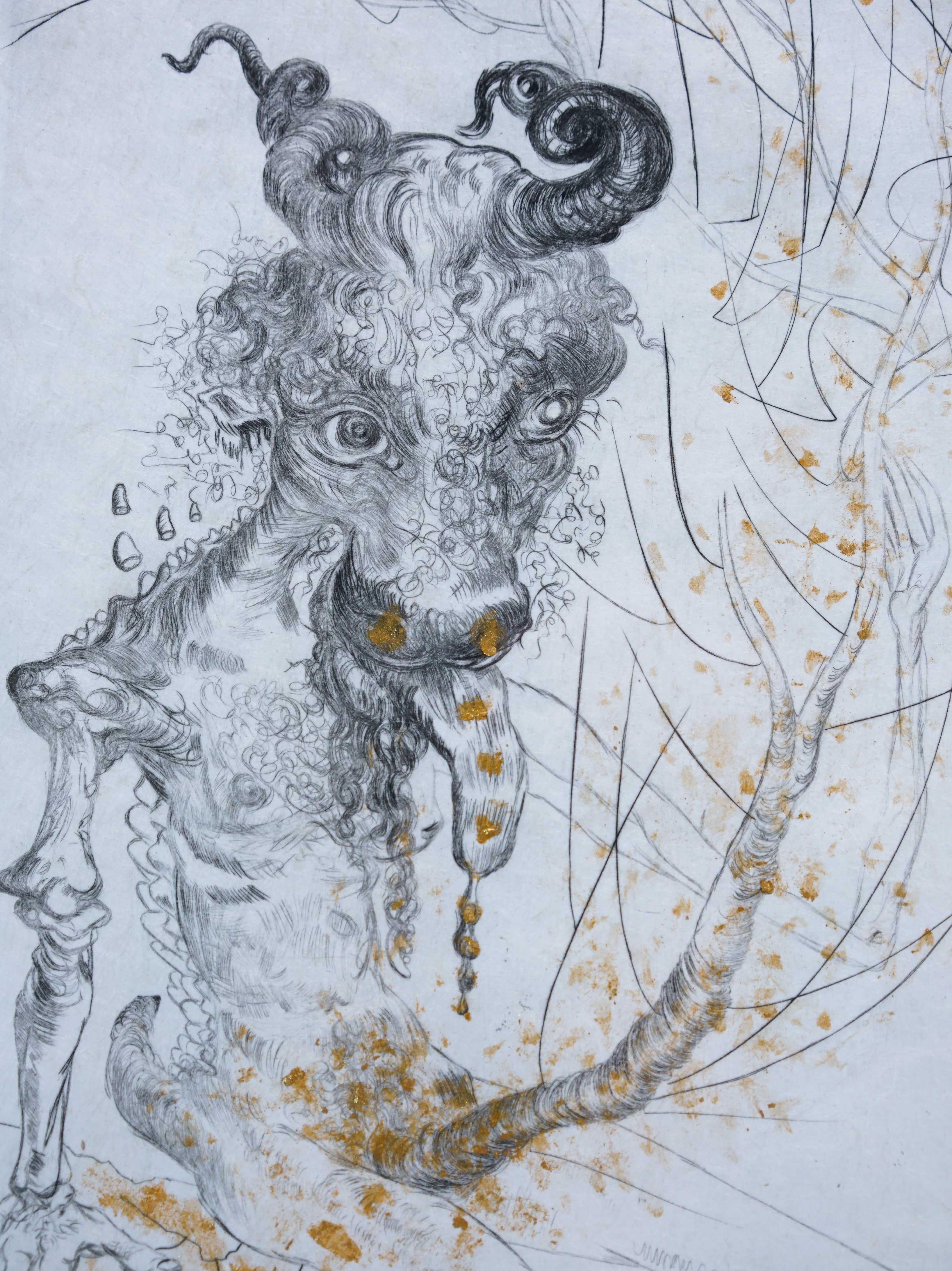 71/145
Hand colored etching
COA: This work comes with a Certificate of Authenticity from West Chelsea Contemporary. 
Additional Info: Using rubies and diamonds as engraving tools, Dali illustrated La Nuit de Walpurgis of Faust (21 pieces, 1968)