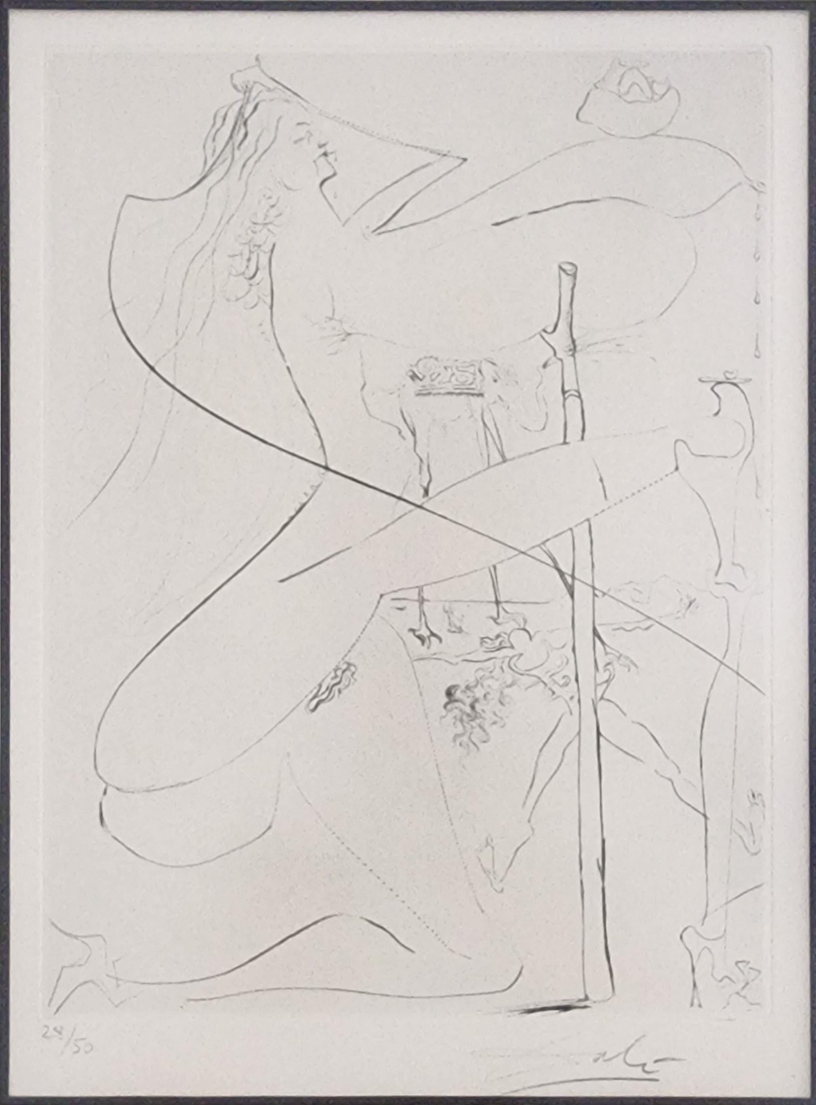 Salvador Dali
Femme a le bequille (Frau mit Krücke, aus La Venus aux Fourrure)
1969
Radierung auf Arches teinte' Papier
Sichtbar: 12,75 x 10,125 Zoll
Gerahmt: 21 x 17 x 1 Zoll
Auflage: 50
Signiert und nummeriert mit Bleistift am unteren Rand, mit