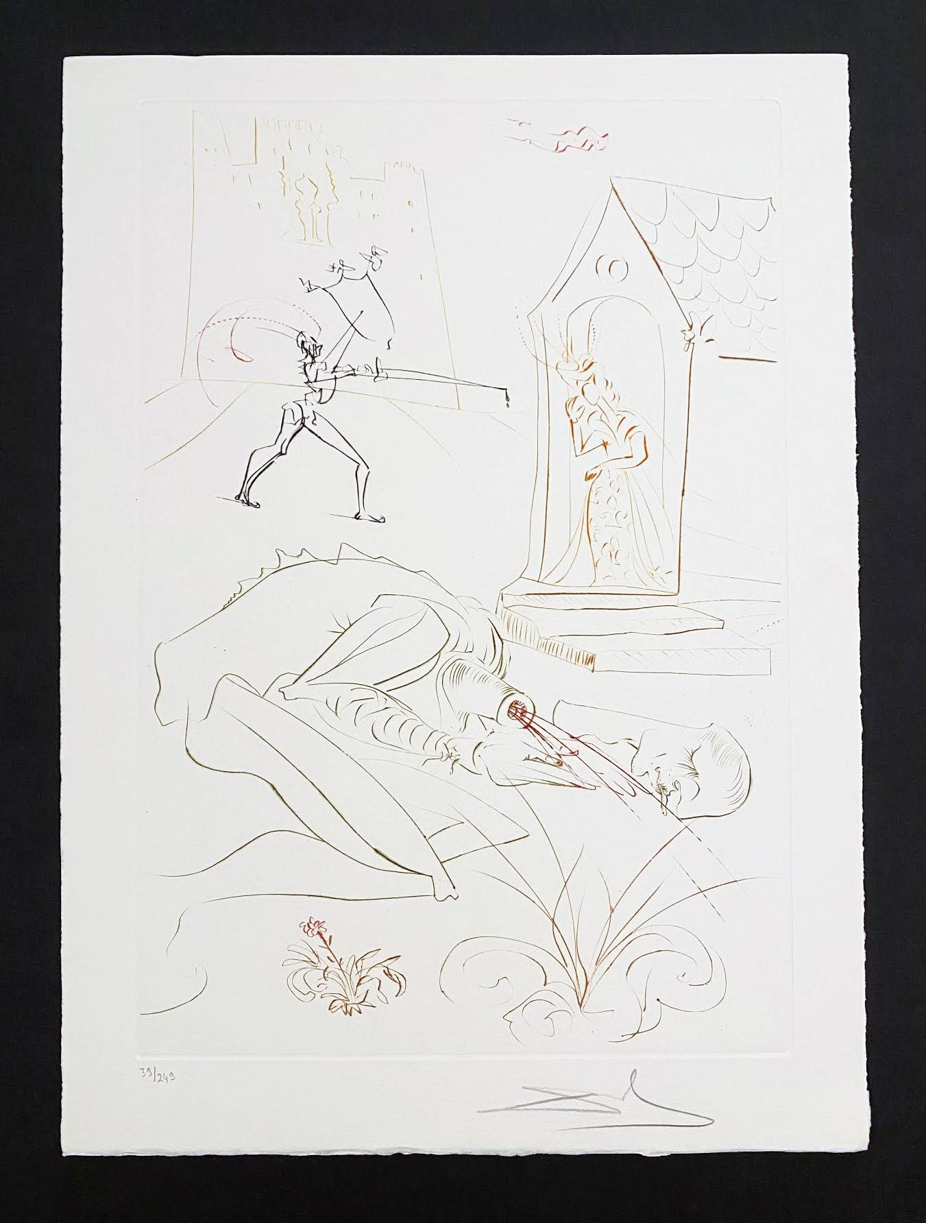 Artist: Salvador Dali
Title: Fight Before la Dame de Malehout
Portfolio: The Quest for the Grail
Medium: Etching in color on Arches paper
Year: 1975
Edition: 39/249
Frame Size: 27