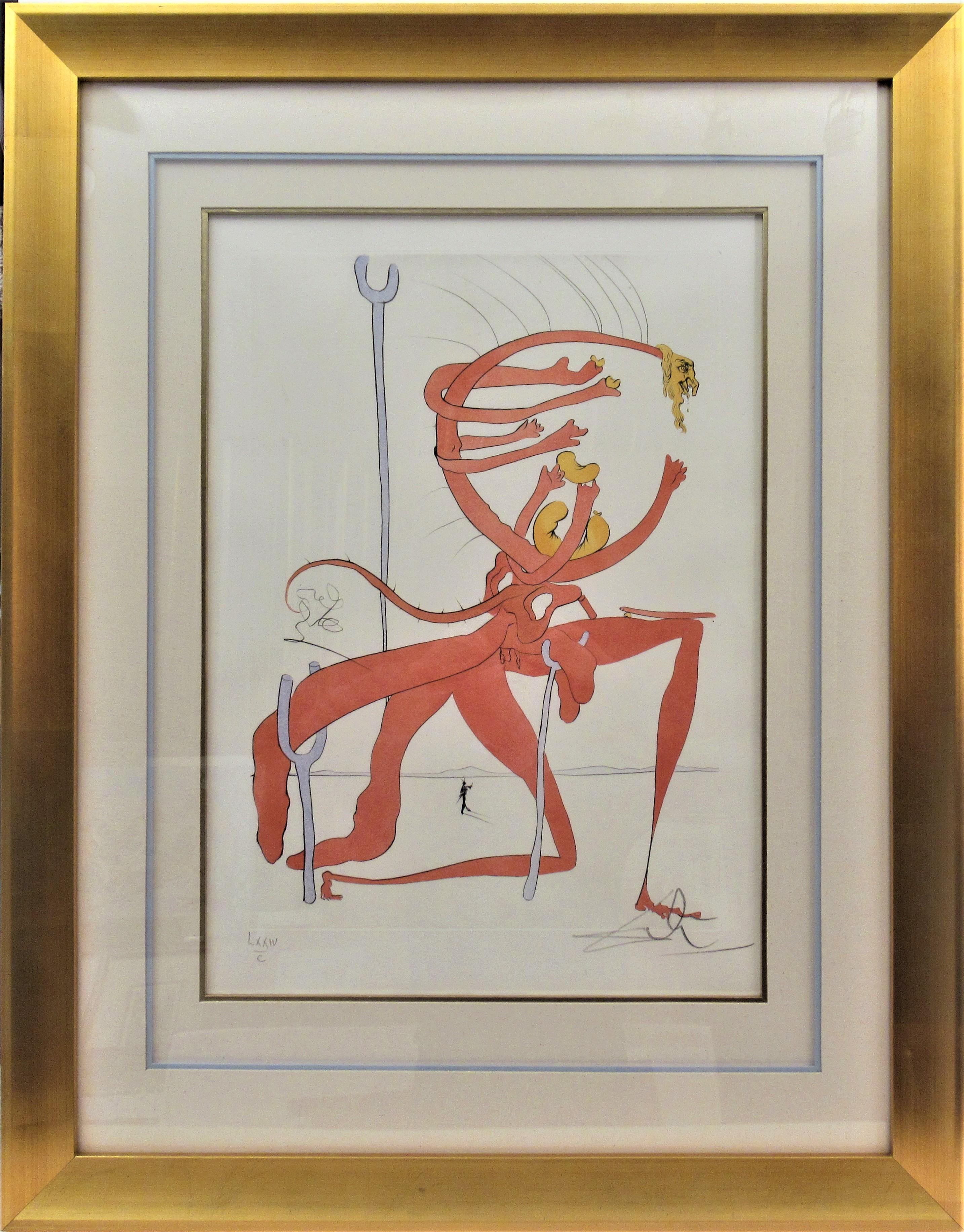 Salvador Dalí Print - Figure Rouge avec Portrait de Quevedo
