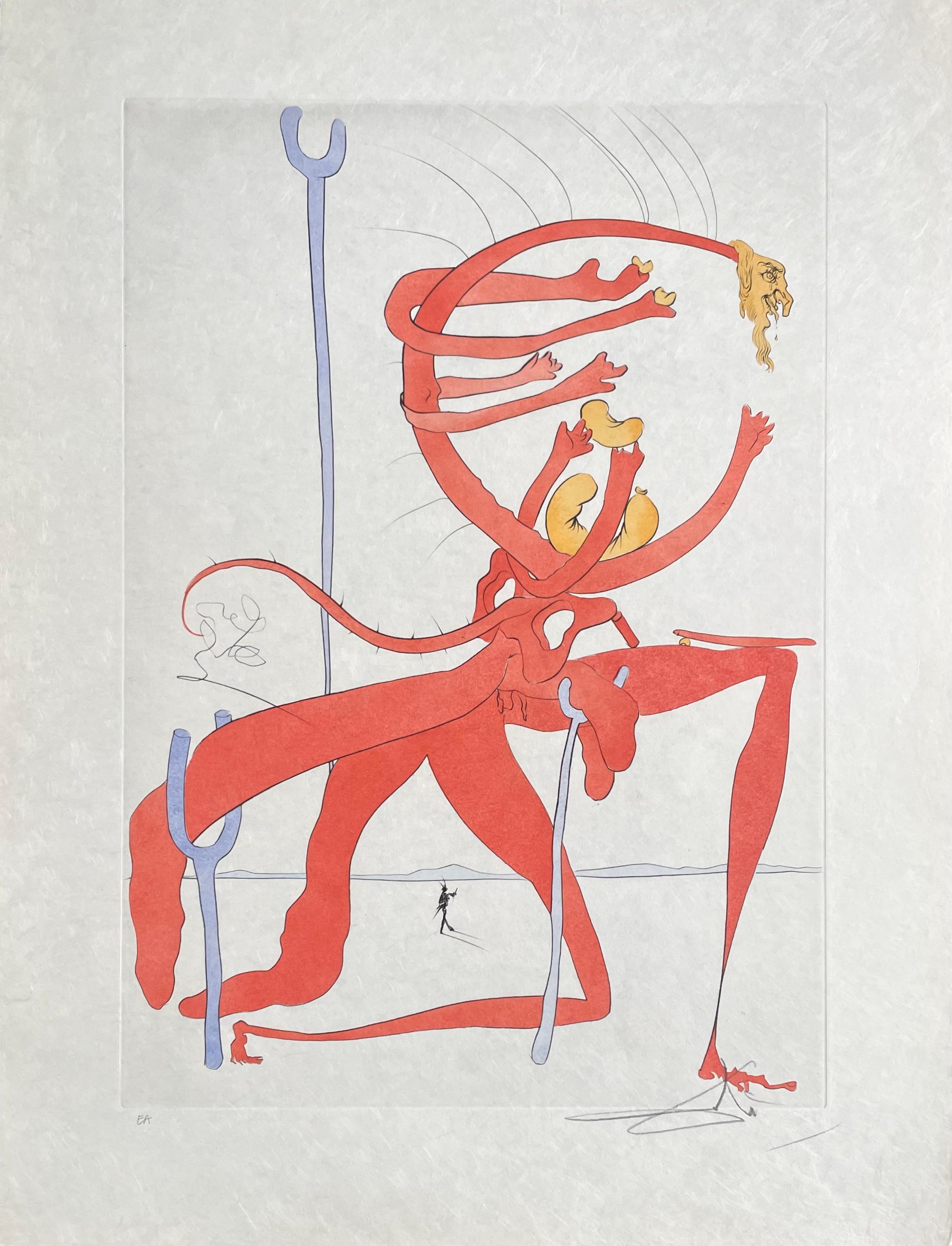 Figura Roja con Retrato de Quevedo (Michler/Löpsinger 771; Campo 75-5-C) - Landscape Print Gris de Salvador Dalí