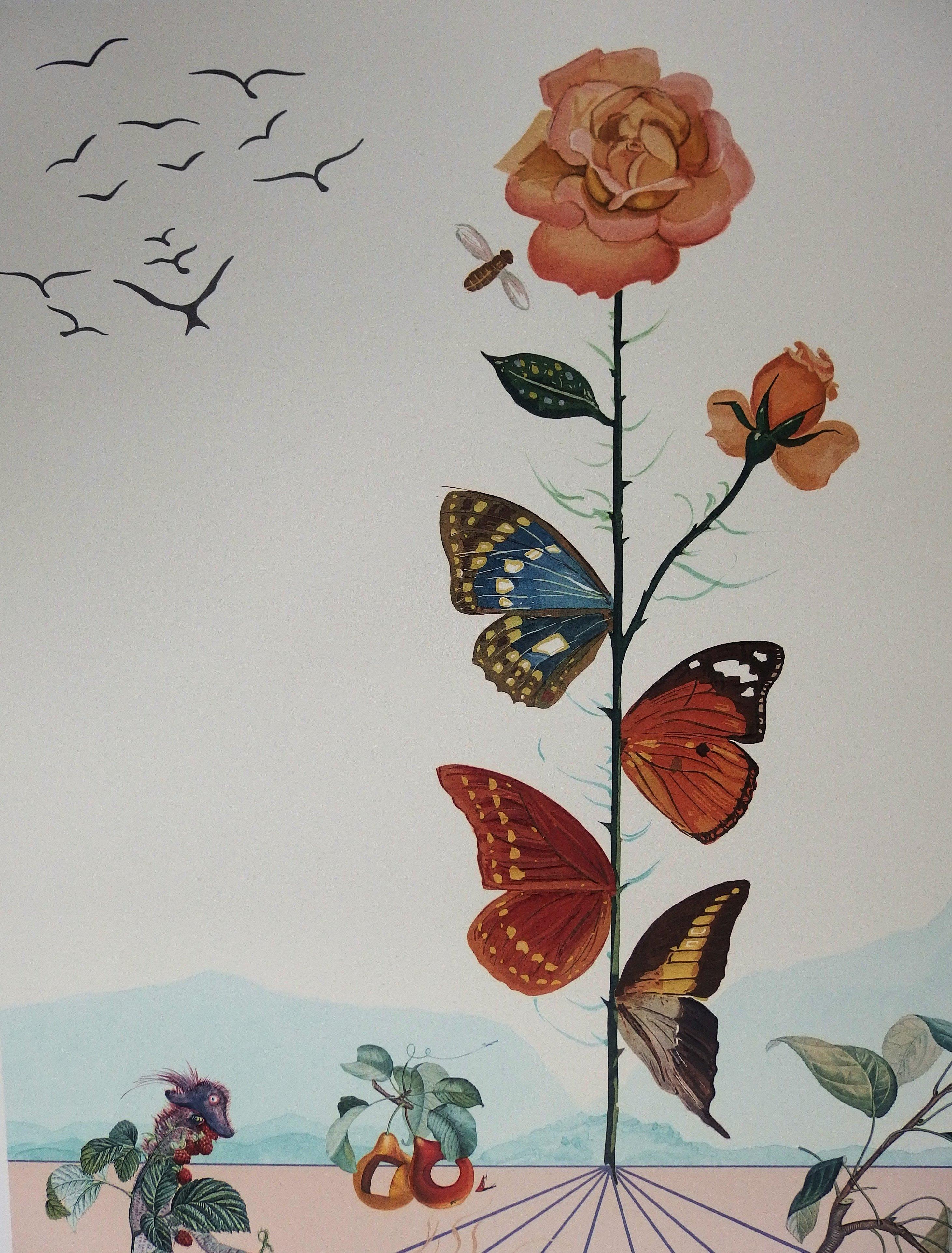 Flordal II: Schmetterlingsrose - Originallithographie (Feld S. 233) (Grau), Figurative Print, von Salvador Dalí