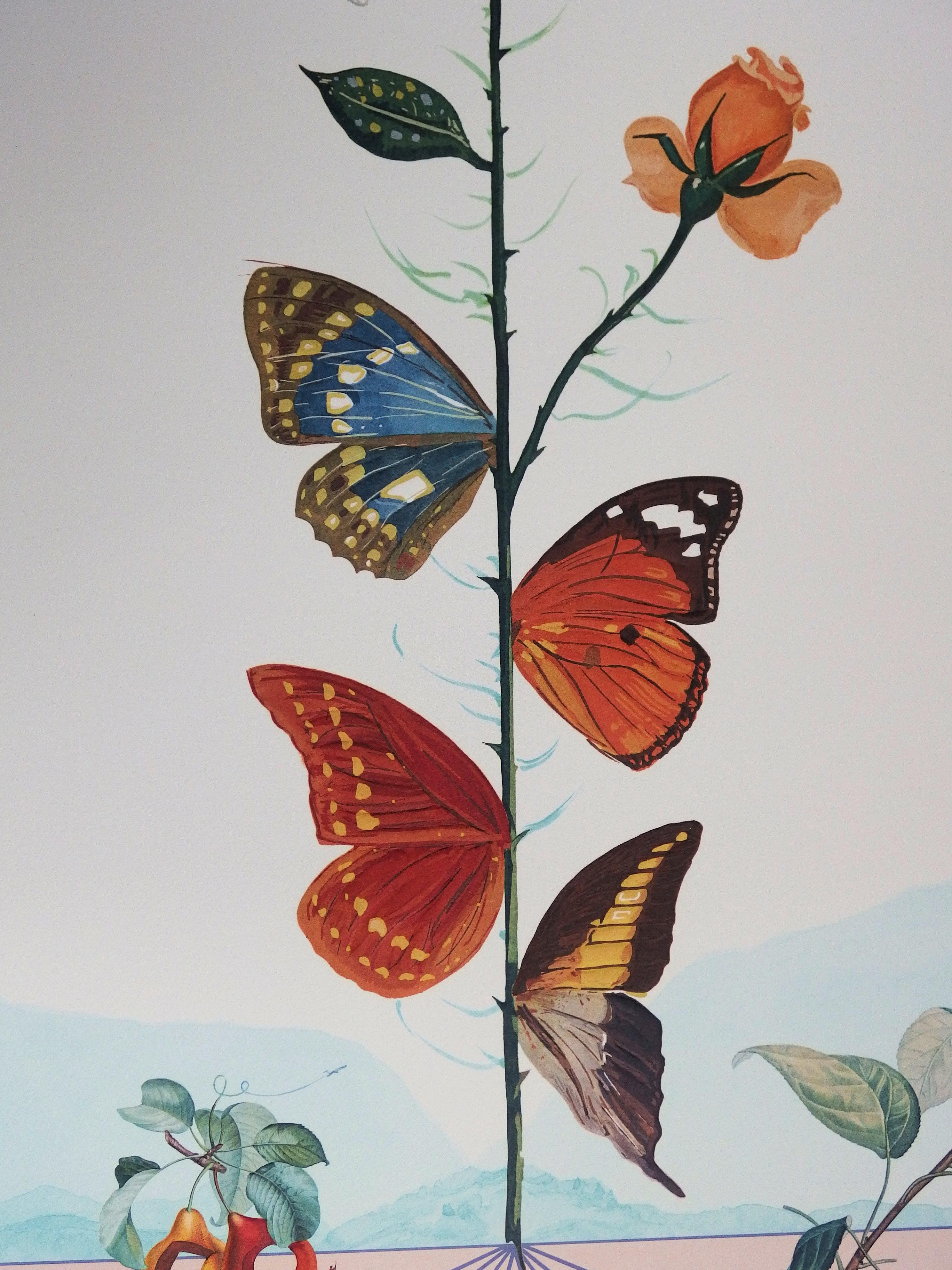 Flordali II : Butterfly Rose - Original lithograph (Field p. 233) - Gray Figurative Print by Salvador Dalí