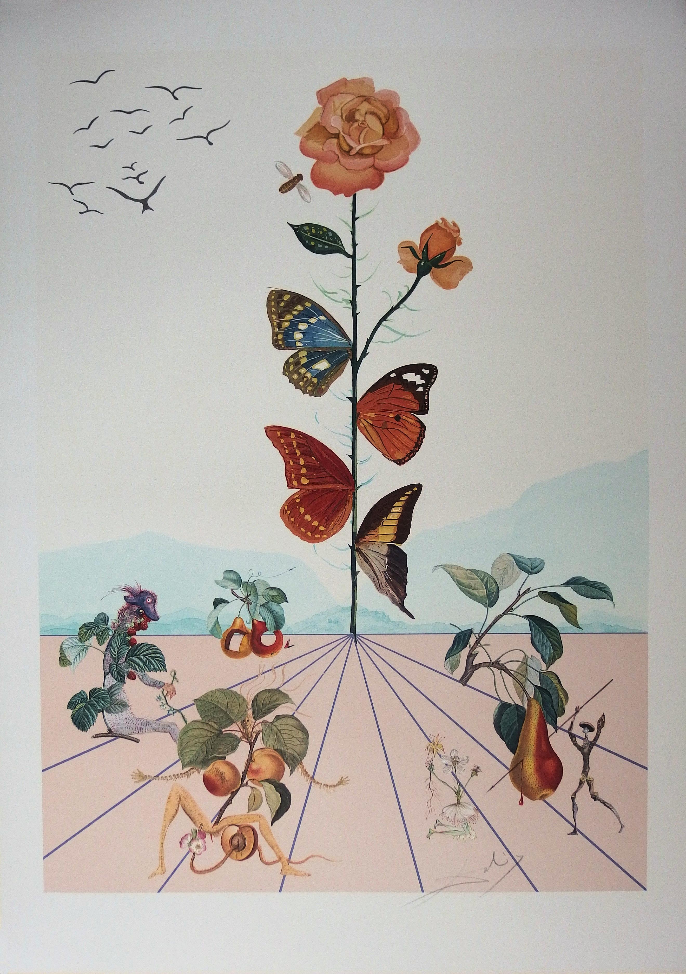 Salvador Dalí Figurative Print – Flordali II: Schmetterlingsrose – Originallithographie (Field S. 233)