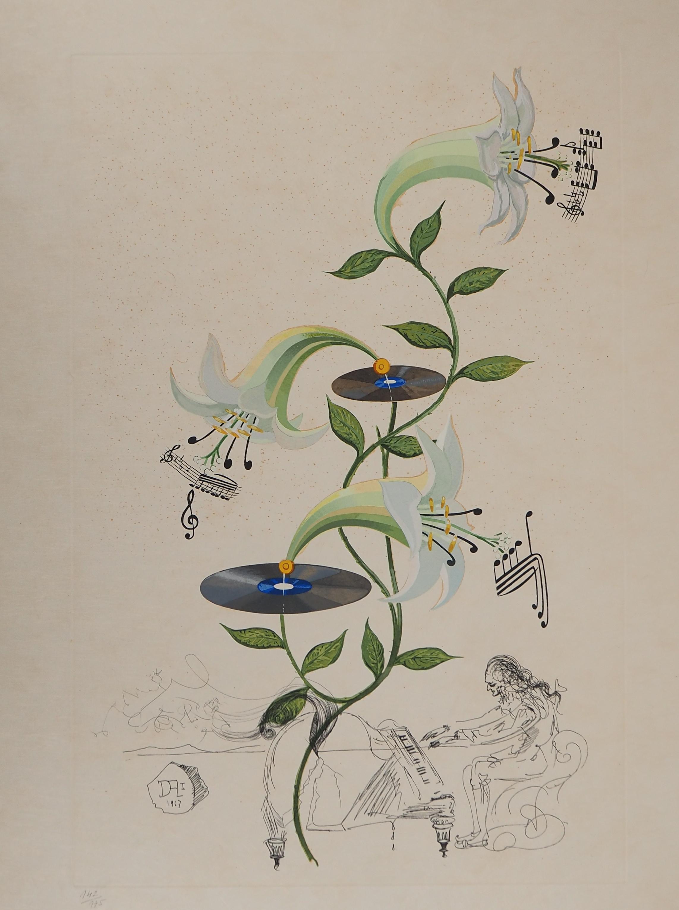 Flordali: Gigli musicanti - Incisione originale firmata a mano (Campo #68-3 D) - Print Surrealismo di Salvador Dalí