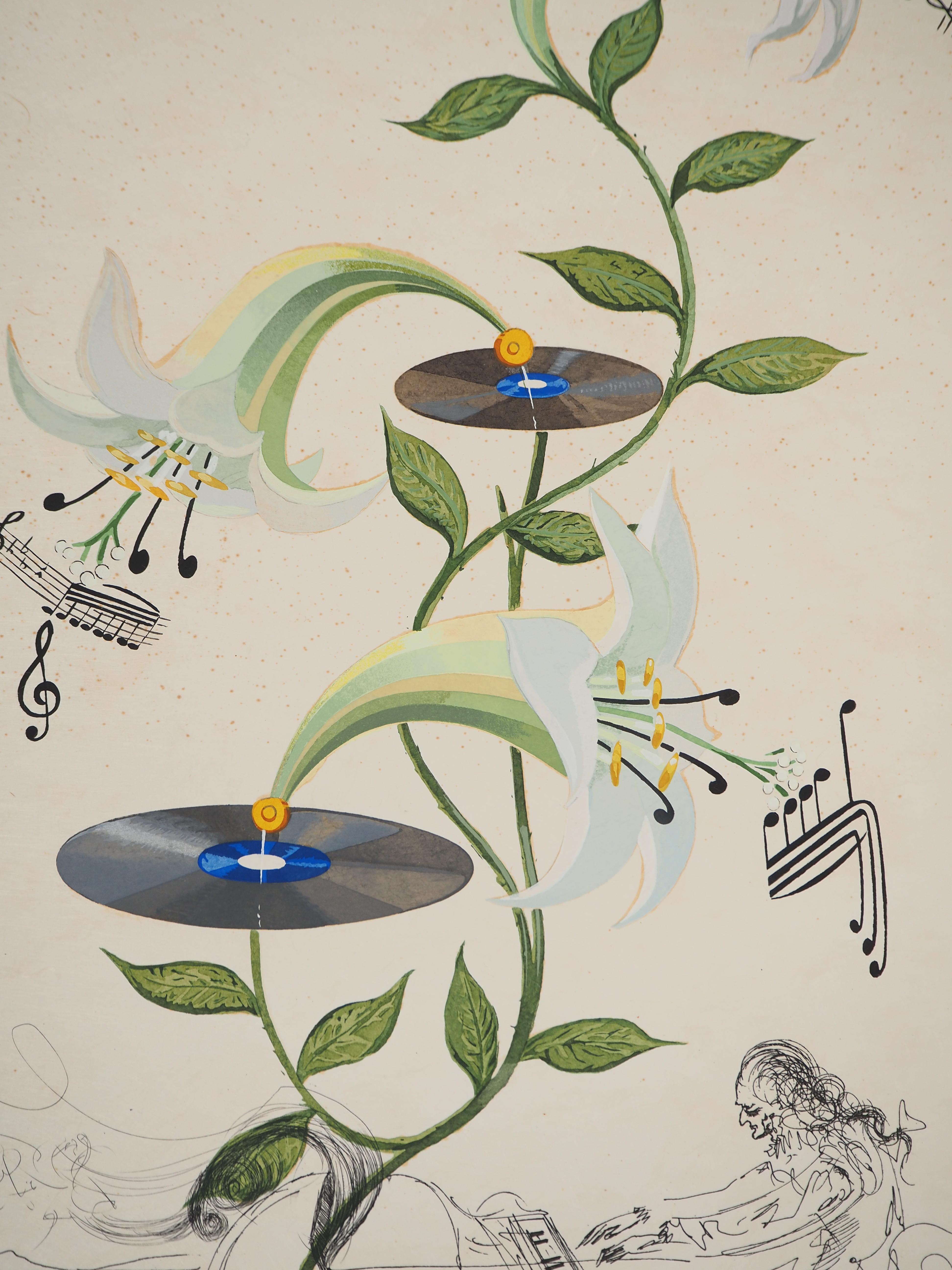 Salvador DALI
Flordali : Gigli musicanti

Litografia e acquaforte originali
Firmato a matita 
Numerato /175 copie
Su carta giapponese 77 x 57 cm (circa 31 x 22,4 pollici)

RIFERIMENTI : 
- Catalogo ragionato Campo #68-3 D.
- Catalogo ragionato
