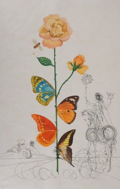 Flordali: Die Rose mit Schmetterlingen – Original handsignierte Radierung