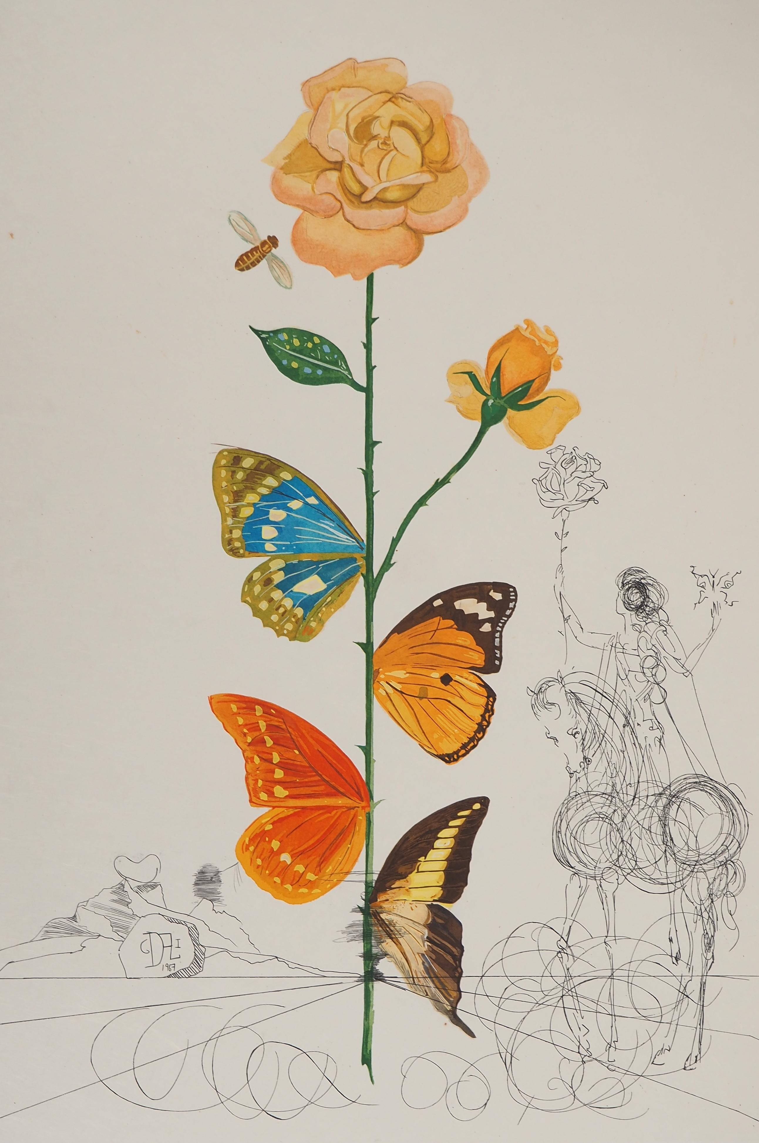 Flordali : The Rose With Butterflies - Original Handsigned Etching - Surrealist Print by Salvador Dalí