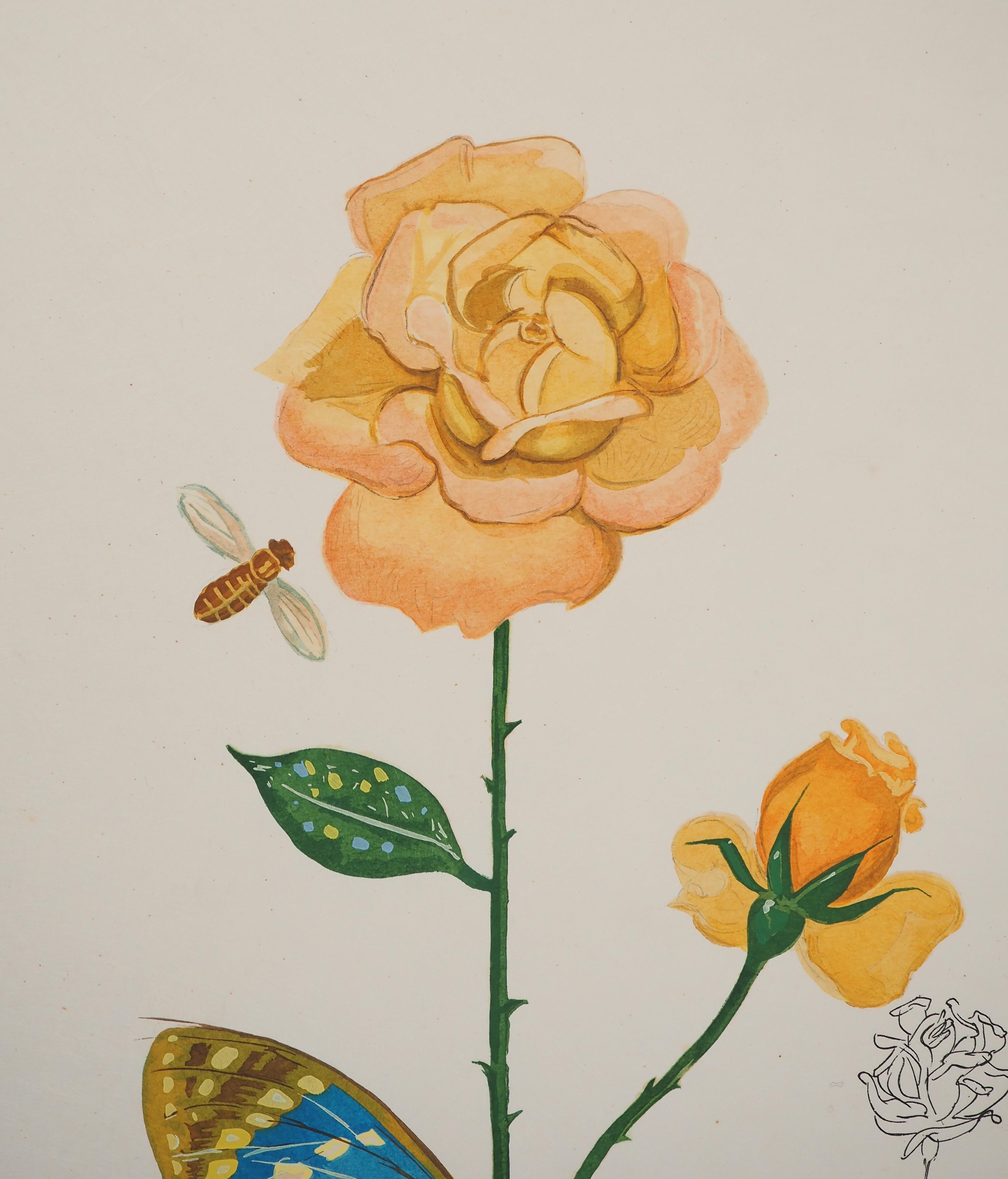 Flordali : The Rose With Butterflies - Original Handsigned Etching - Beige Figurative Print by Salvador Dalí