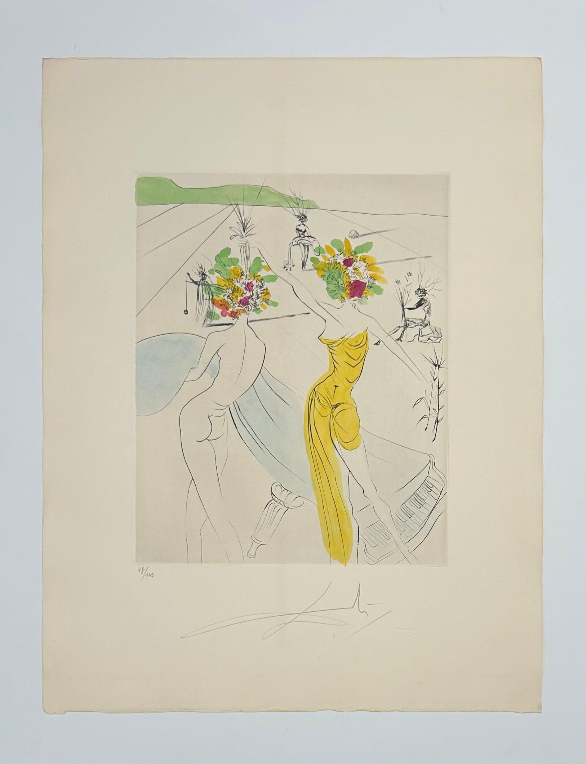 Artist: Salvador Dali
Title: Flower-women at the piano
Portfolio: The Hippies
Medium: Color etching on Arches
Date: 1969
Edition: 43/145
Frame Size: 31