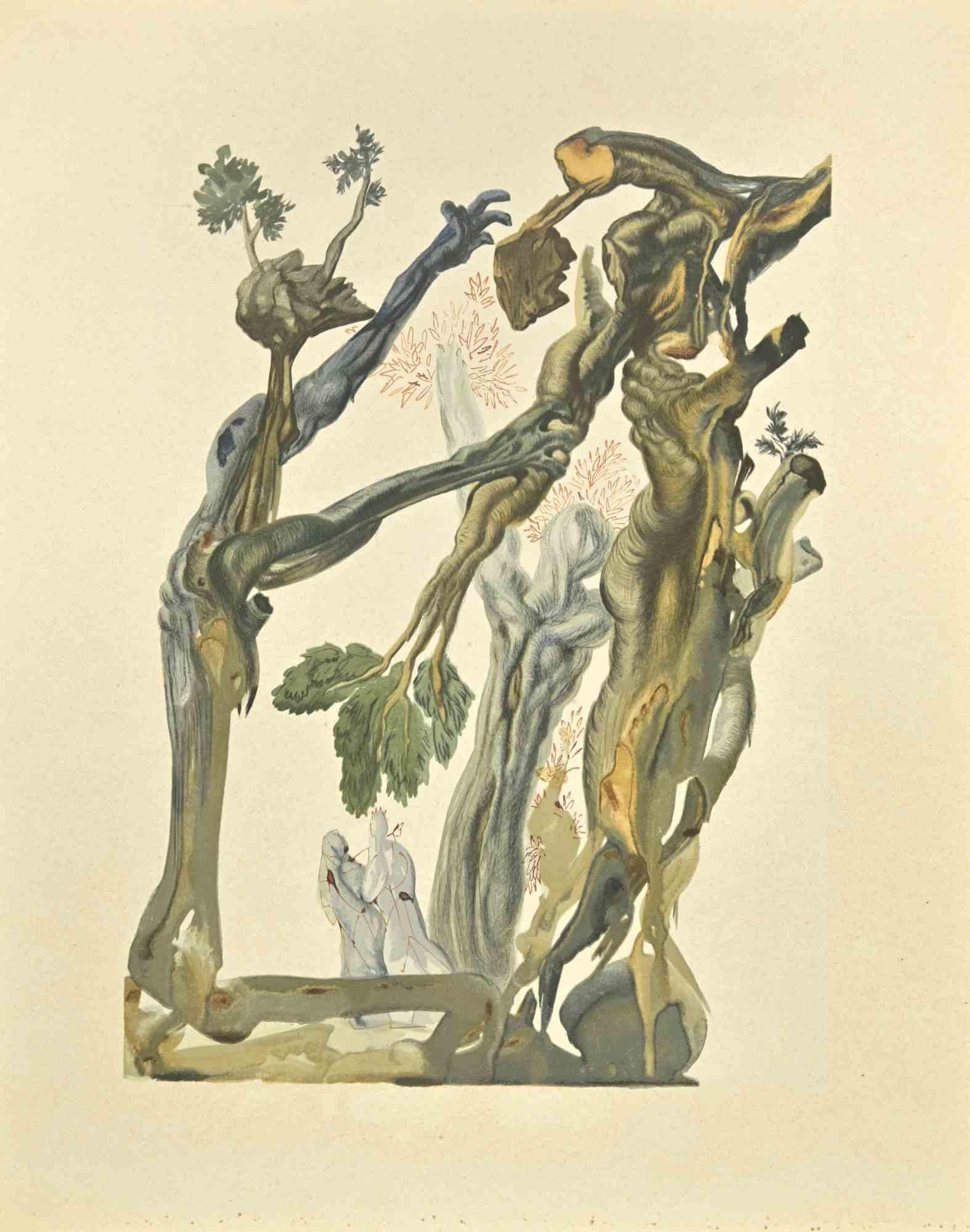 Salvador Dalí Figurative Print - Forest of Suicides - Woodcut  - 1963
