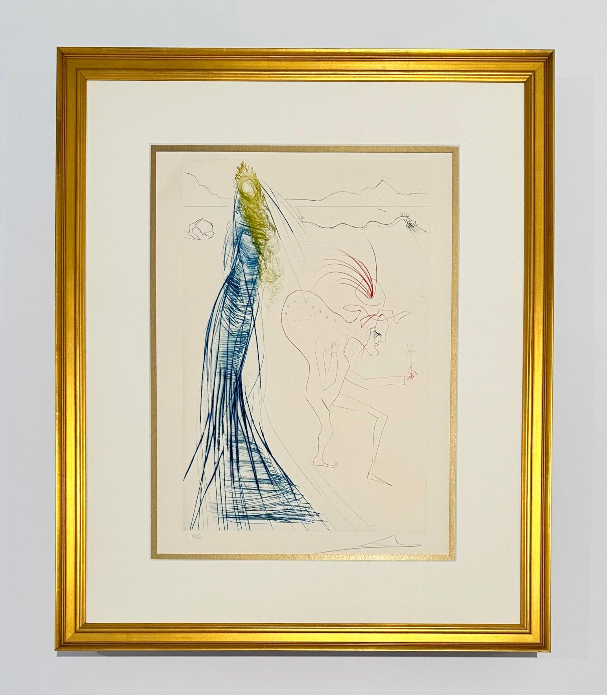 Artist: Salvador Dali
Title: Frocin, the Bad Dwarf
Portfolio: Tristan and Iseult
Medium: Color engraving
Year: 1970
Edition: 12/25
Frame Size: 25 1/4
