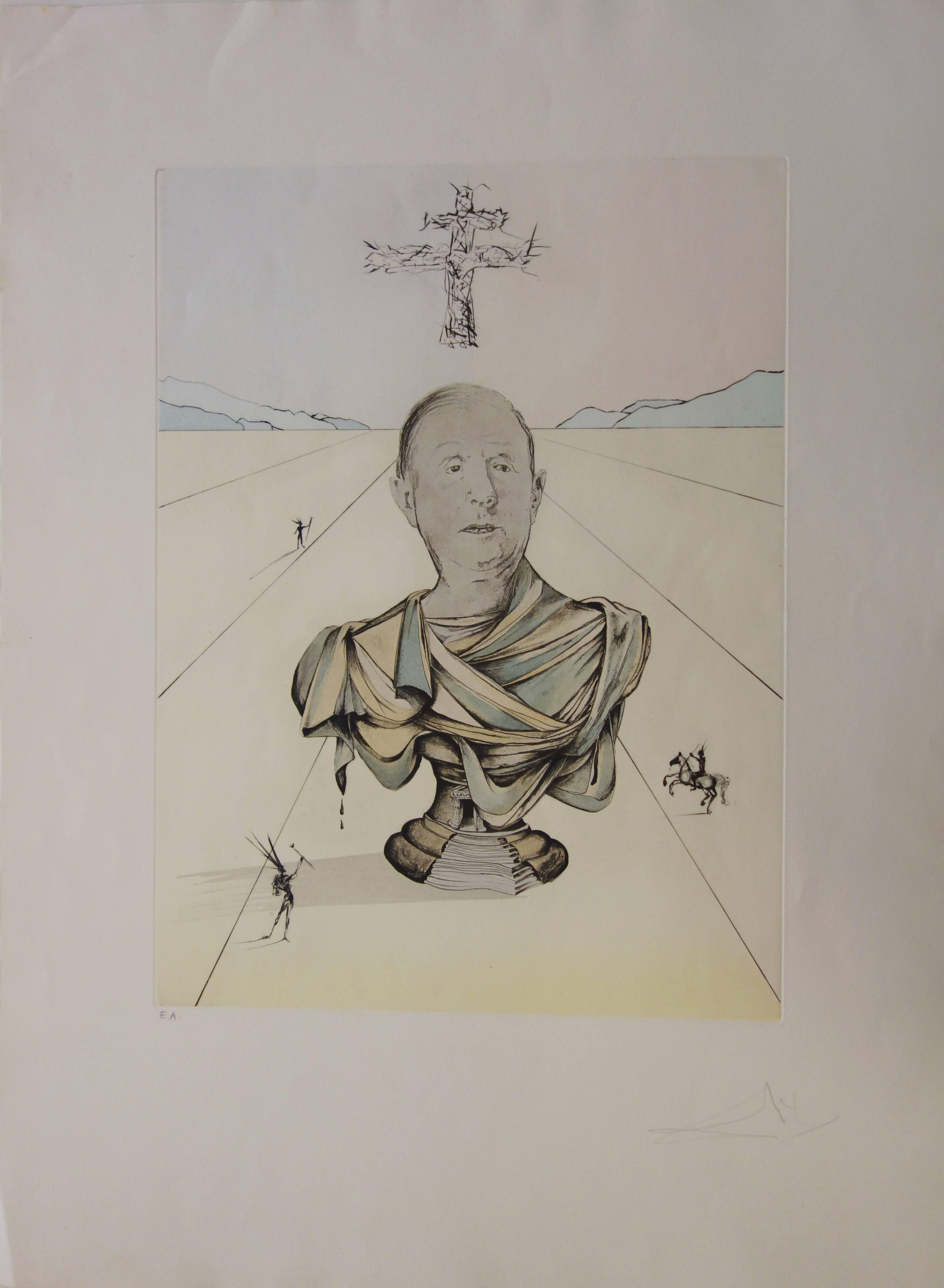 Salvador Dalí Figurative Print - Général de Gaulle - Original etching and pochoir - 1974 - Artist proof