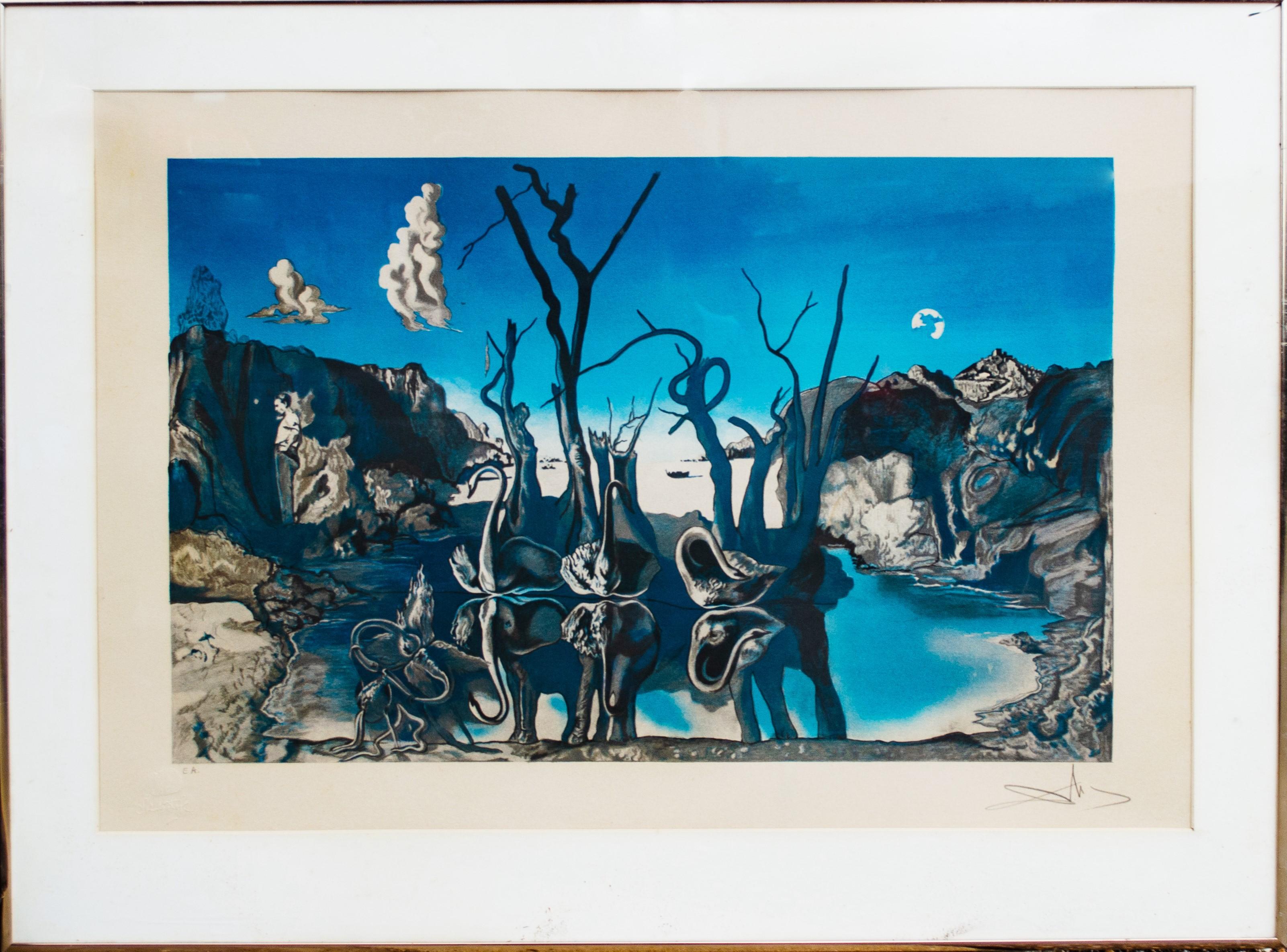 Salvador Dalí (Spanish, 1904-1989)
Swans Reflecting Elephants, 1970
Color lithograph
Sight: 18 x 26 1/2 in.
Framed: 23 1/4 x 31 1/4 in.
Signed lower right
Inscribed EA lower left
Edition of 300 + EA ('EA' refers to 