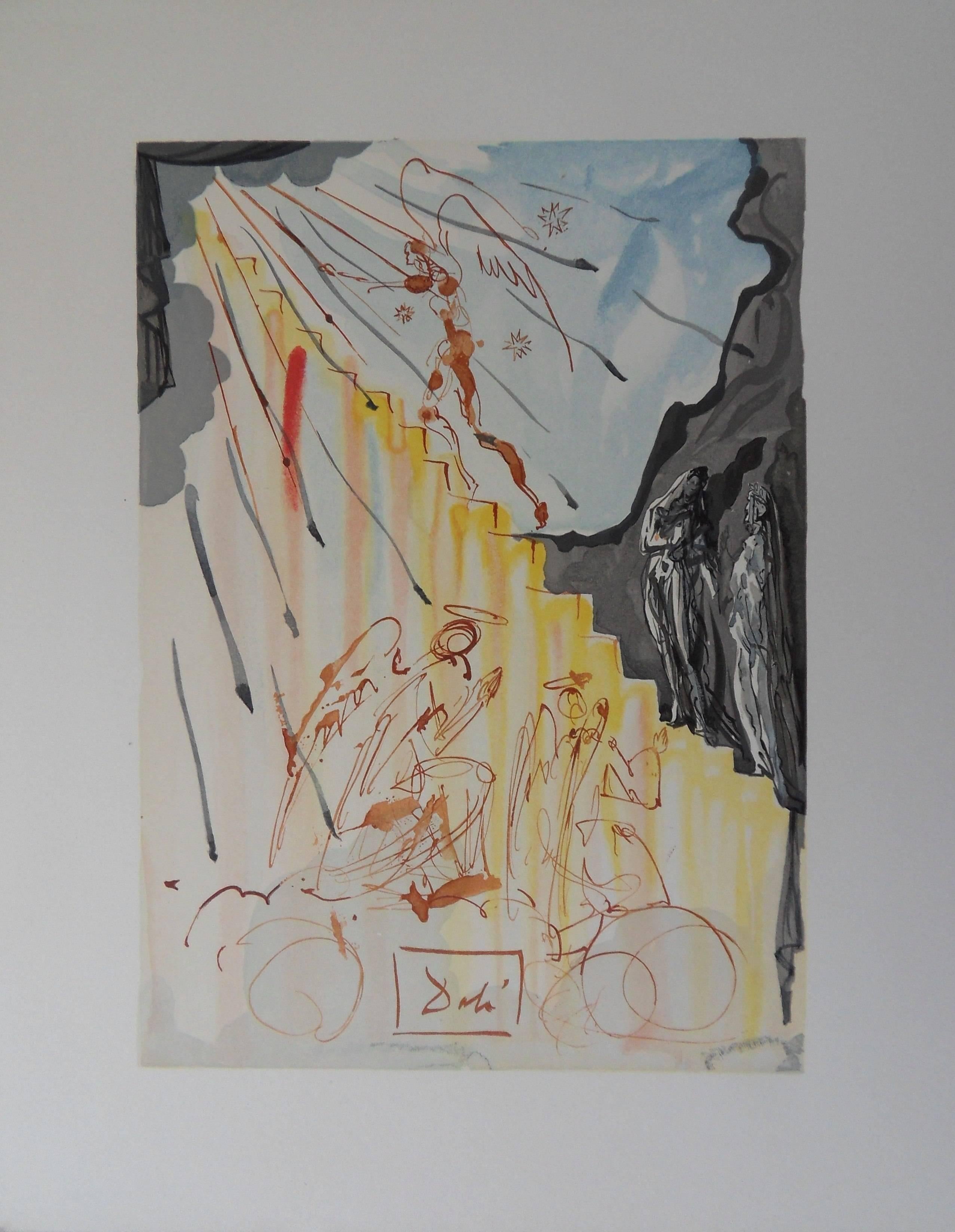 Salvador Dalí Figurative Print - Heaven 21 : The Mystic Ladder - Color Woodcut - 1963