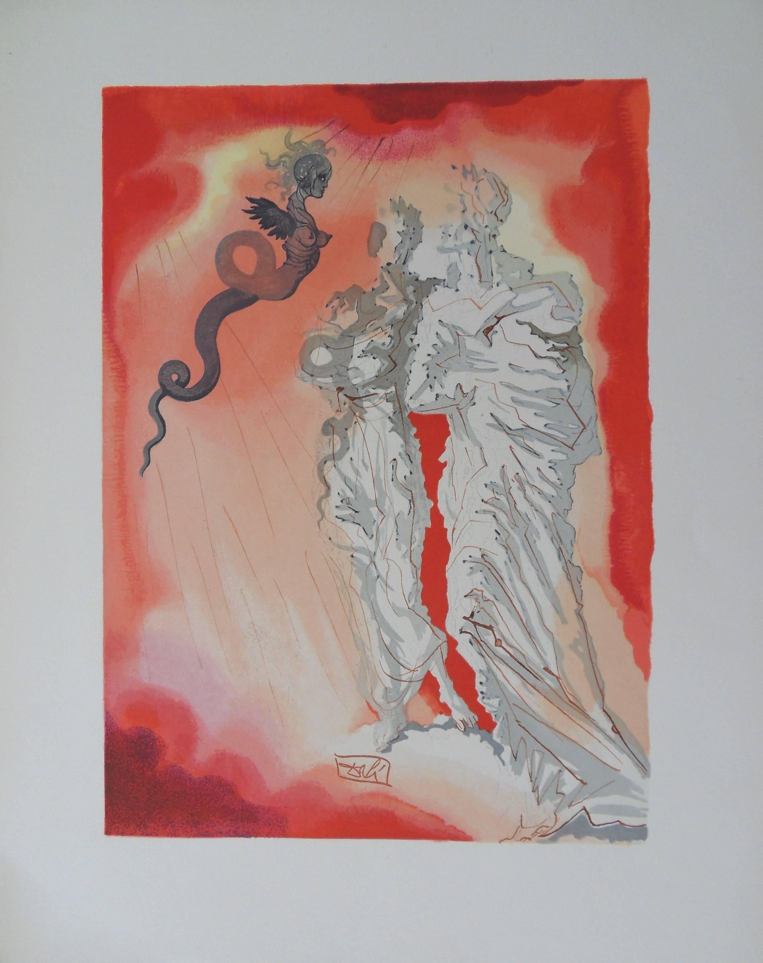 Salvador Dalí Figurative Print - Hell 21 - The Black Devil - Color woodcut - 1963