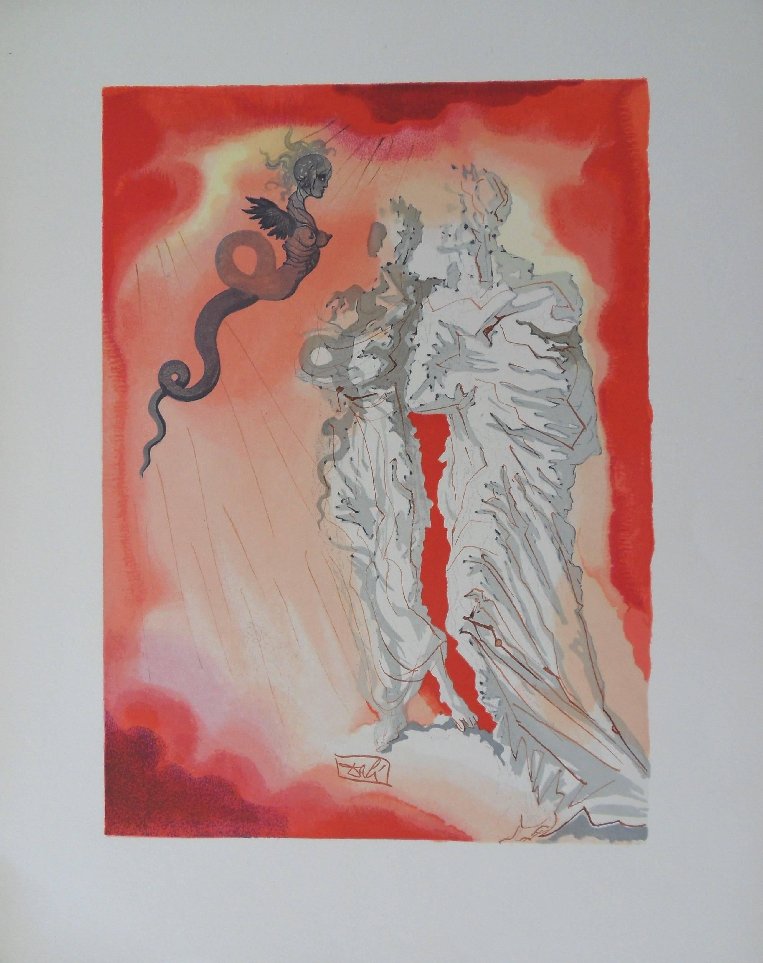 Salvador Dalí Figurative Print - Hell 21 - The Black Devil - woodcut - 1963