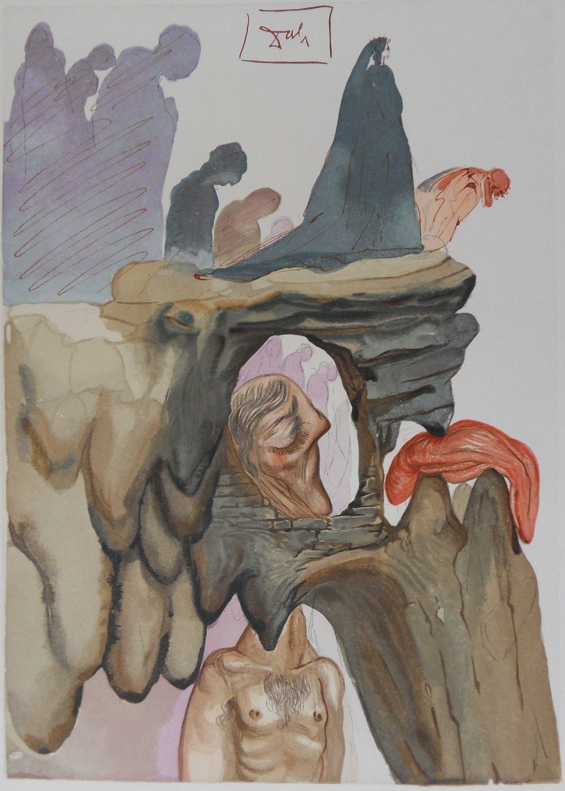 Hell 22 - The Liars  - Original Woodcut 1963  (Field p 189 à 200) - Gray Figurative Print by Salvador Dalí