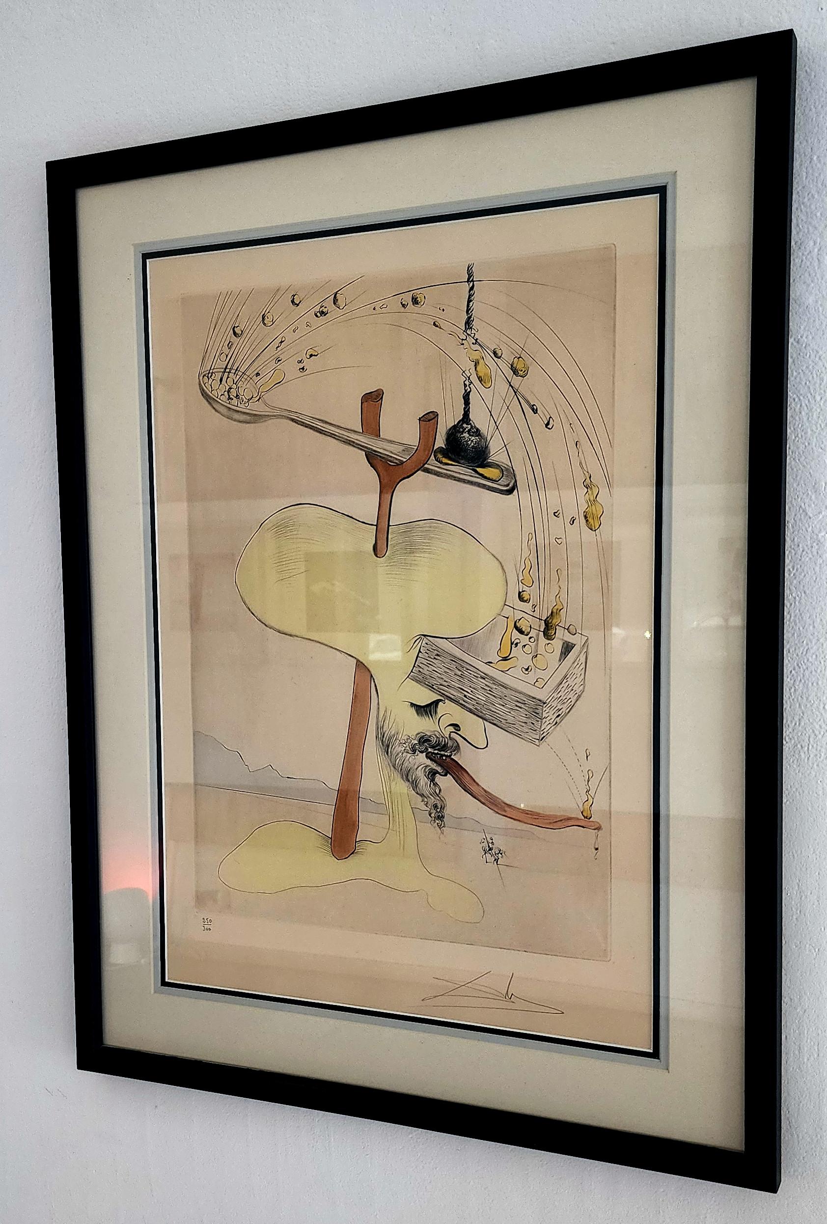 Salvador Dalì
Hommage a Quevedo (da Visions de Quevedo)
1975
Incisione a colori su A. Richard de Bas
Dimensioni del foglio: 25,875 × 19,625 pollici (65,7 × 49,8 cm)
Visibile: 24,5 x 16,5 pollici
Incorniciato: 31,5 x 23,75 x 1,25 pollici
Edizione: