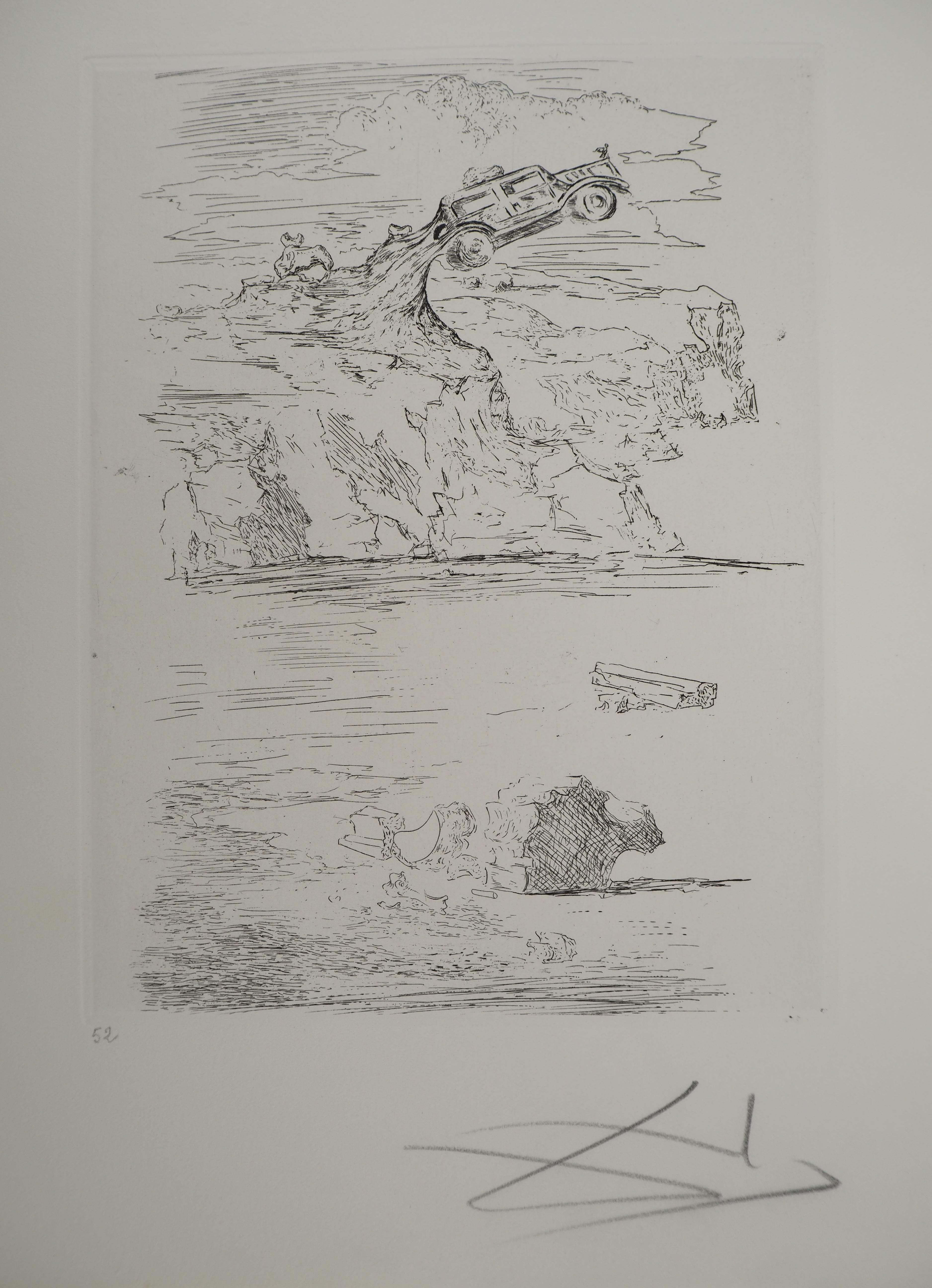 Ice-cold landscape with the Rolls Royce - Original etching, HANDSIGNED, 1975 - Print by Salvador Dalí