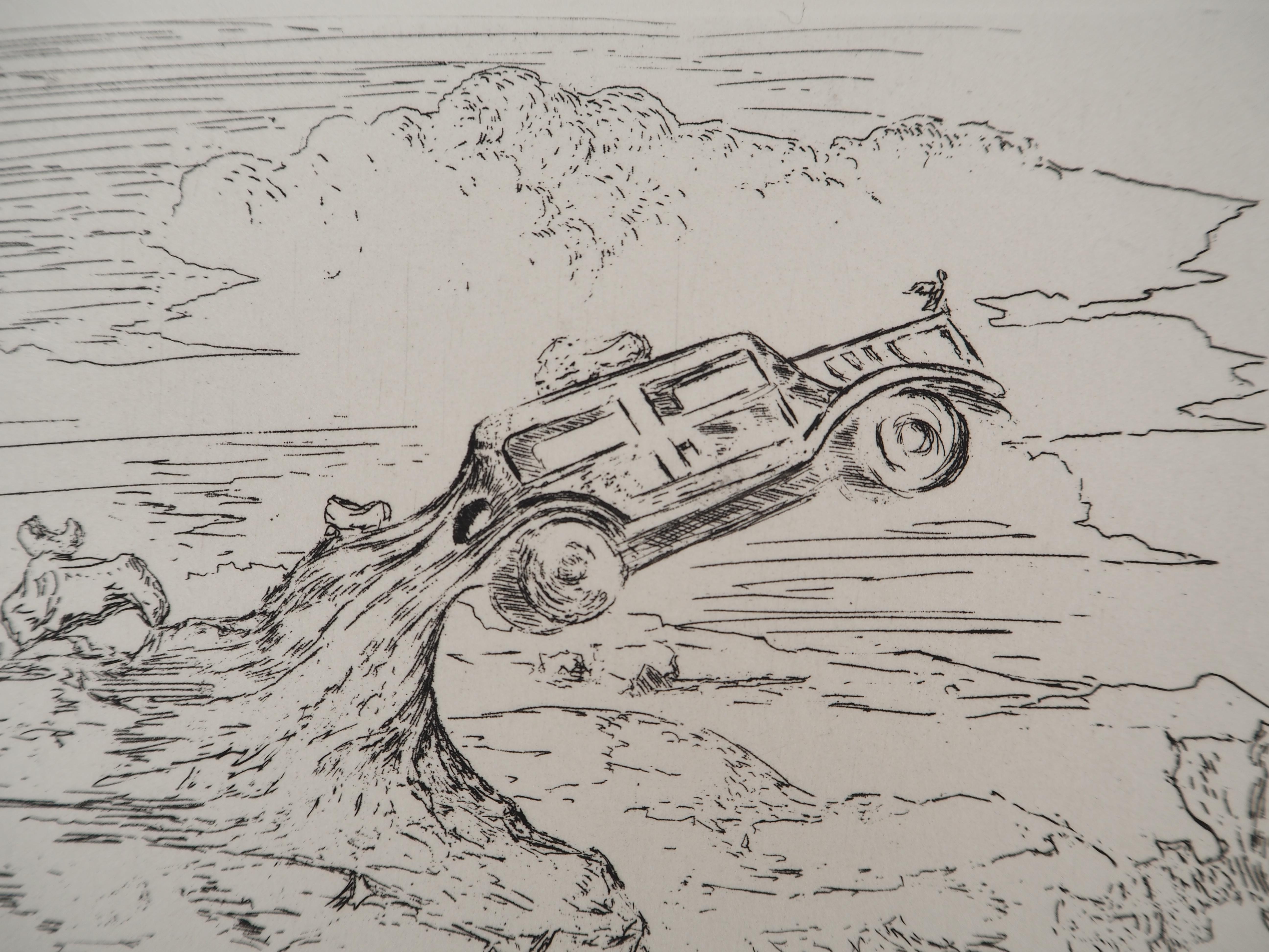 Ice-cold landscape with the Rolls Royce - Original etching, HANDSIGNED, 1975 For Sale 2