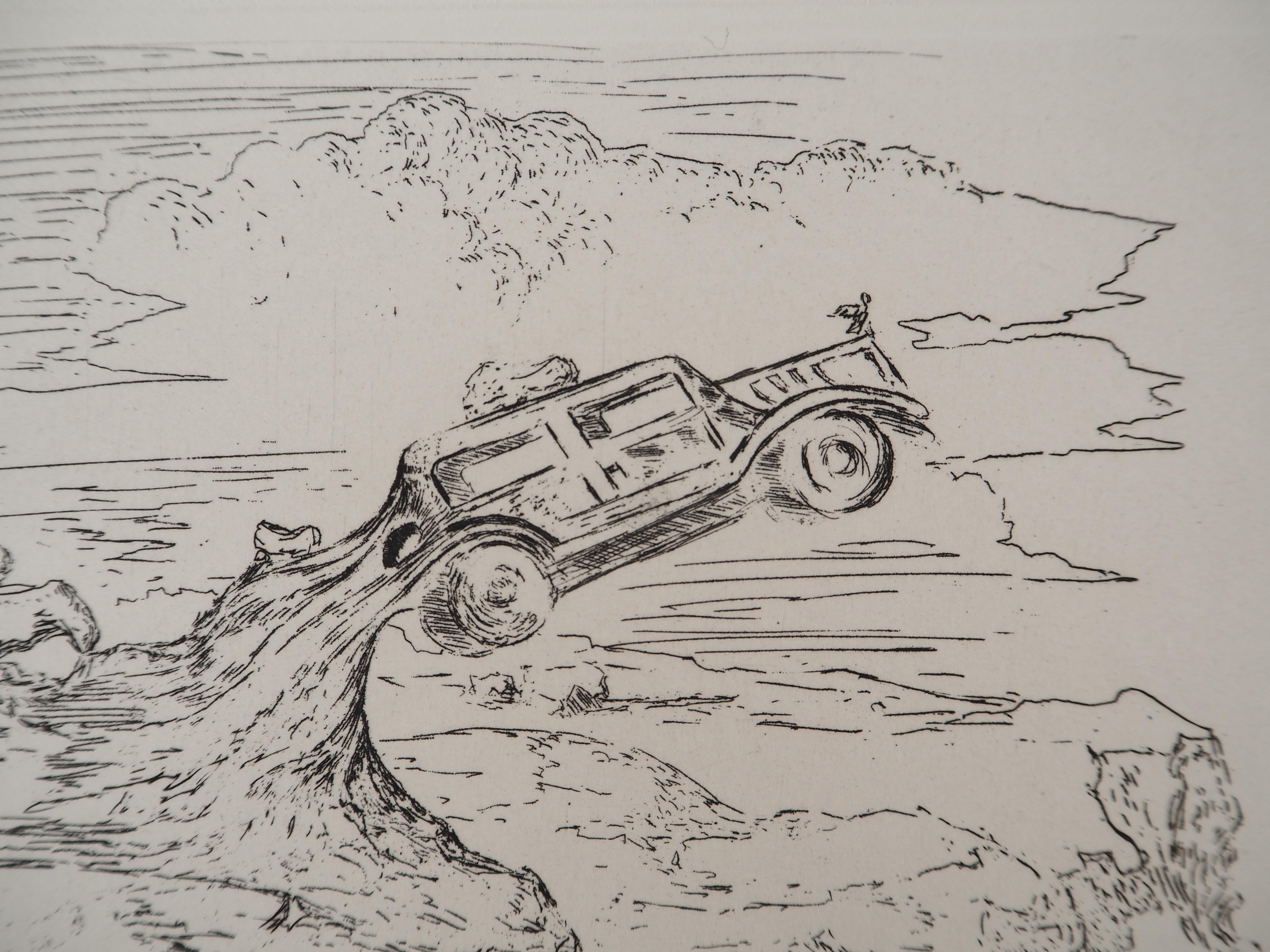 Ice-cold landscape with the Rolls Royce - Original etching, HANDSIGNED, 1975 For Sale 3